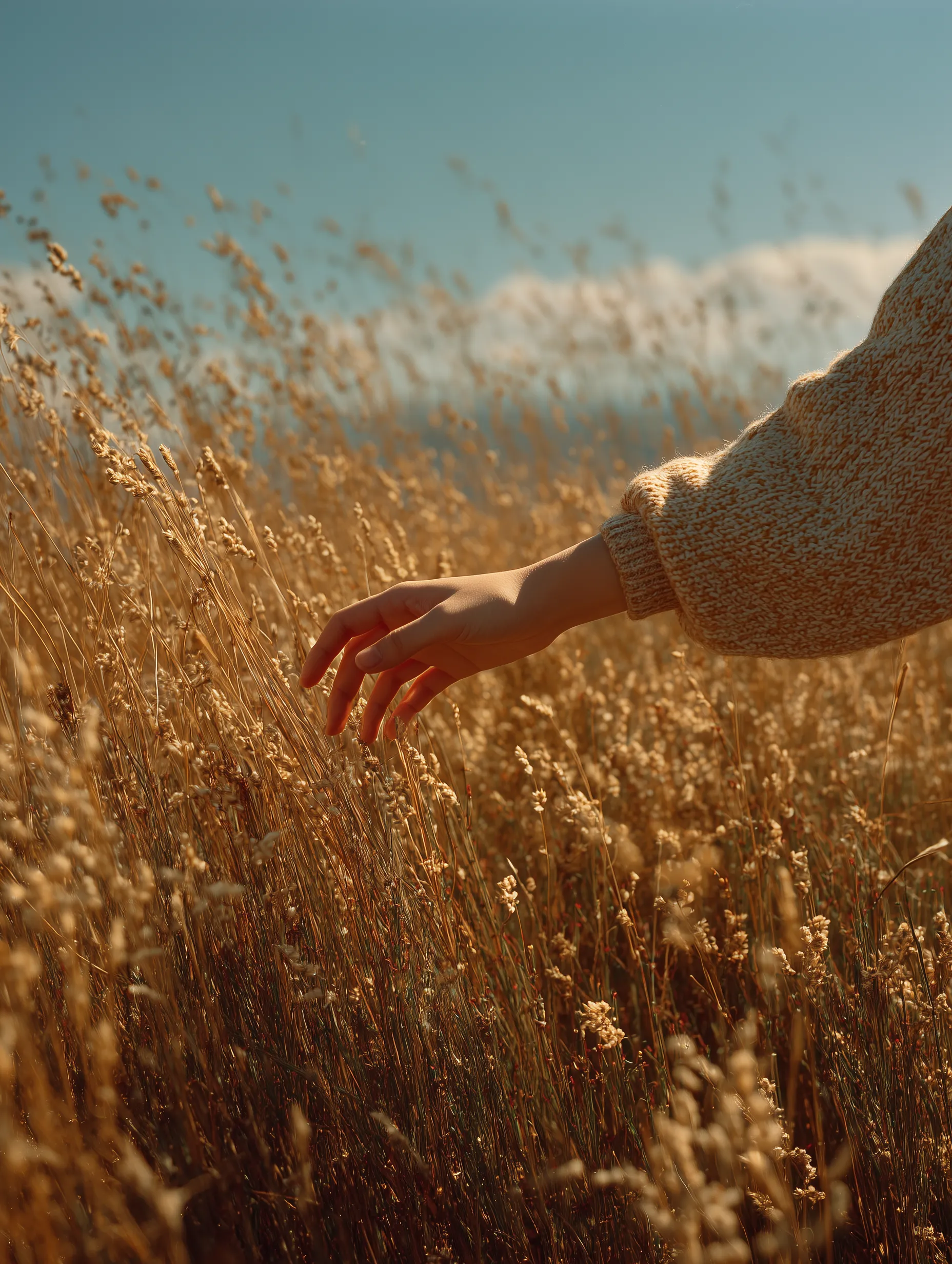Hand Touching Golden Grass in Sunset Field