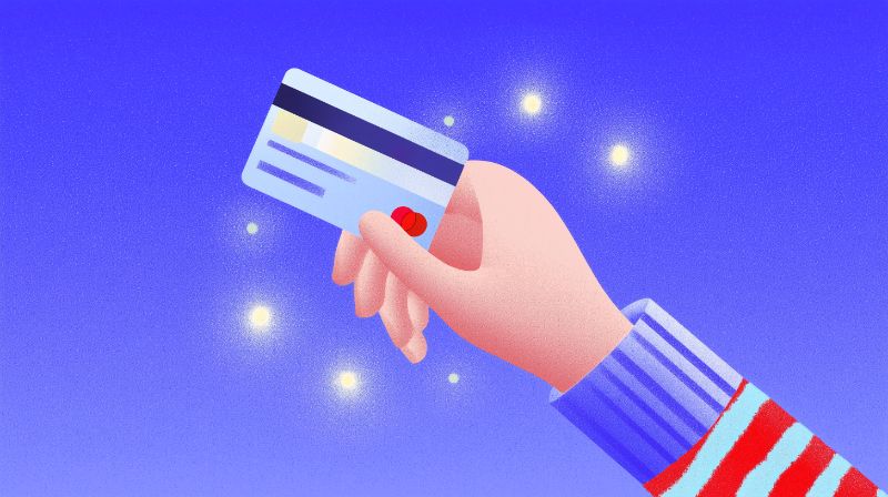 Illustrated Hand Presenting Credit Card on Blue Gradient