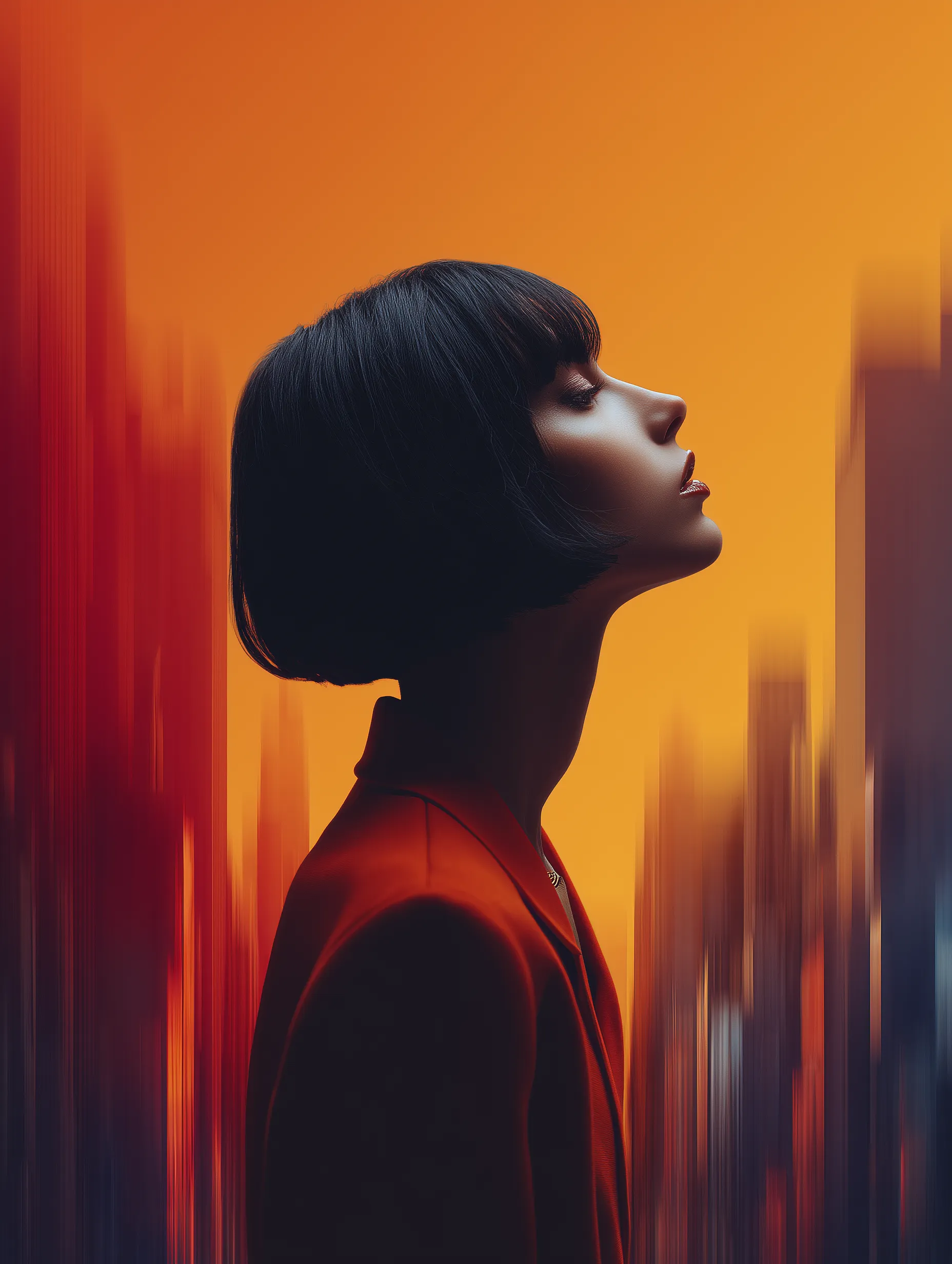 Profile portrait in vibrant orange cityscape