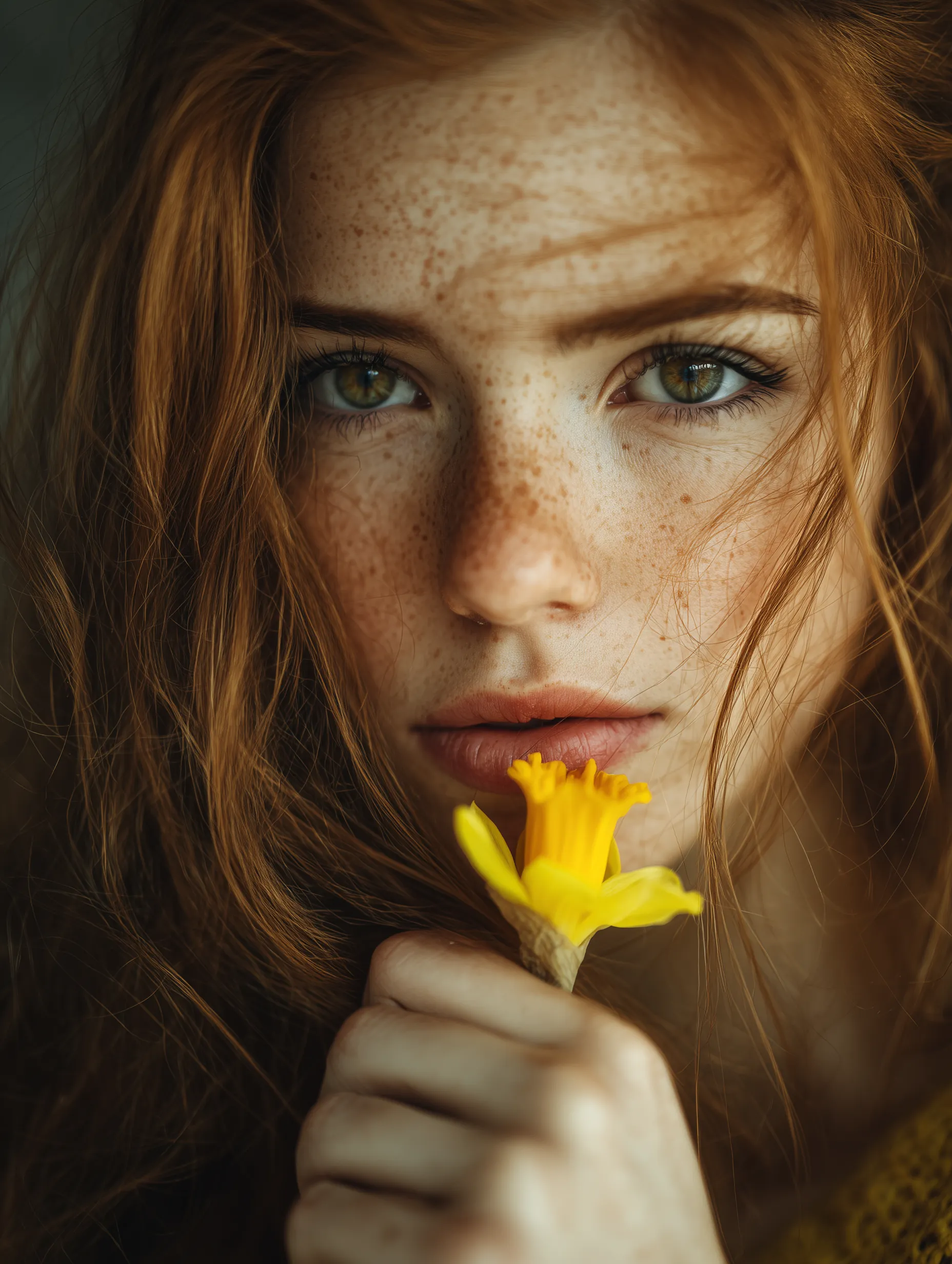 Freckled Redhead Portrait with Yellow Flower
