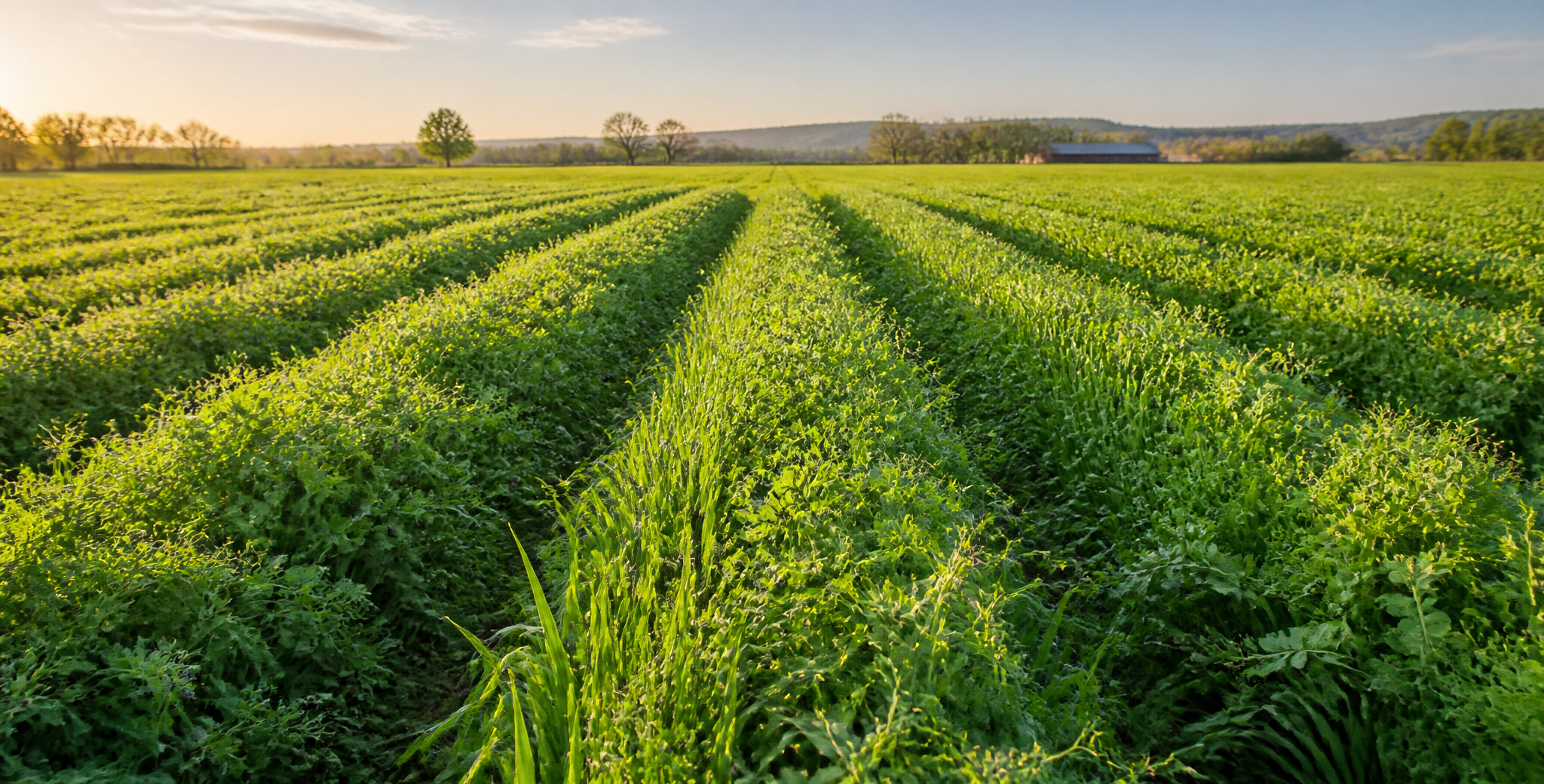 Rows of green cover crop growing across an open farm field