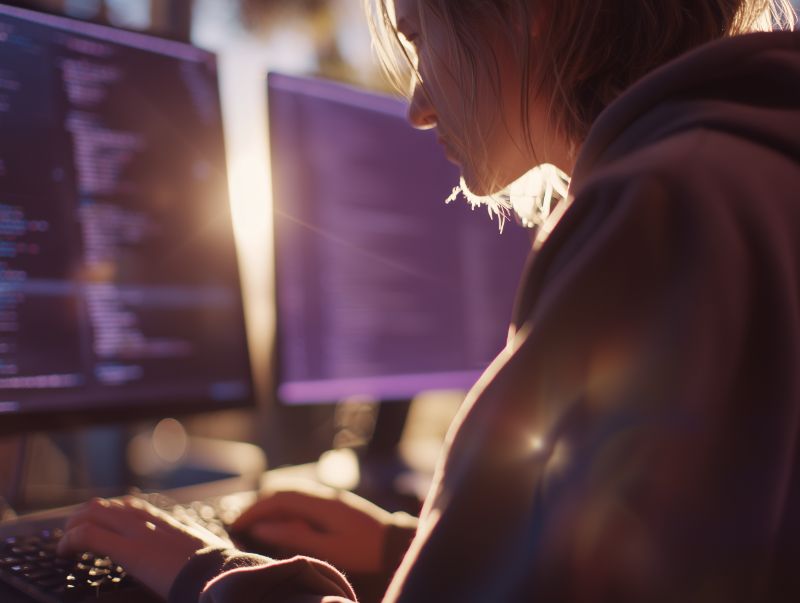 Sunlit coder at dual monitors