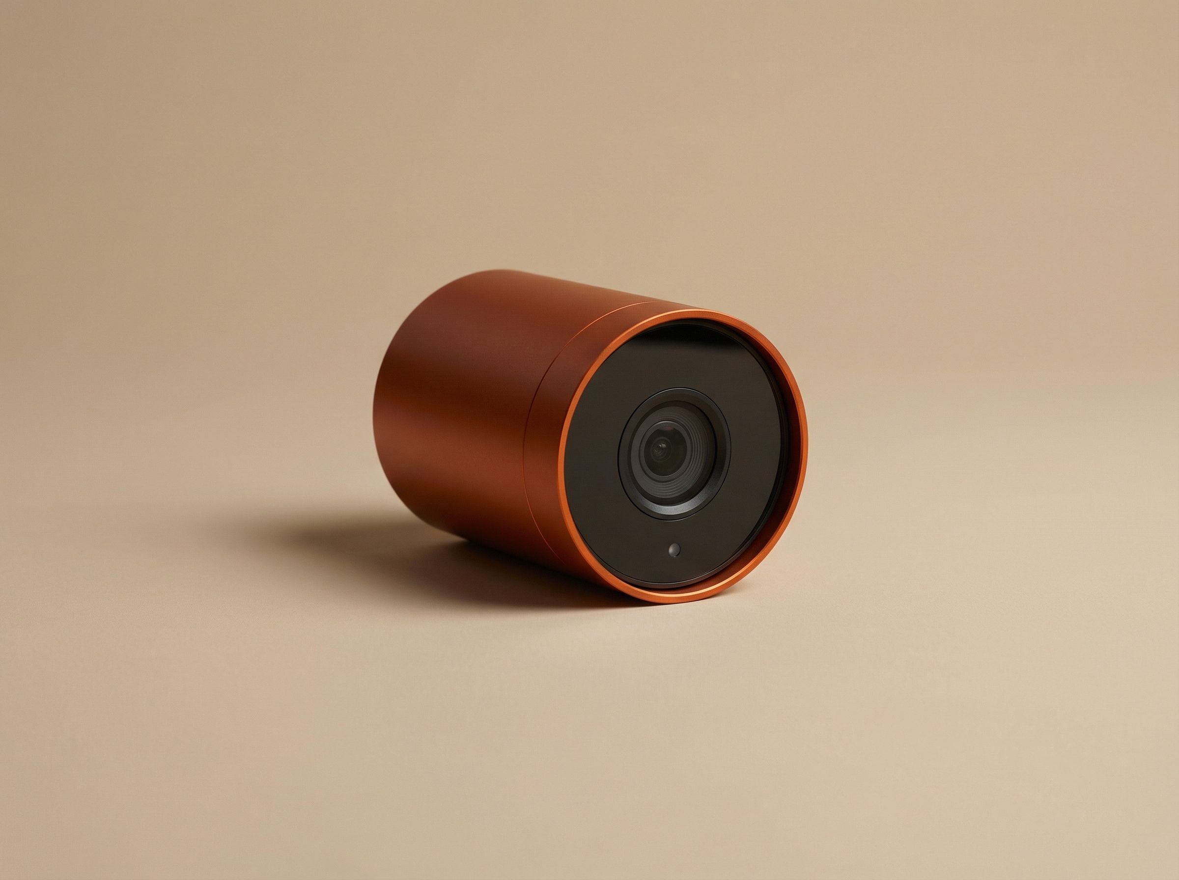 Minimalist orange cylindrical camera on beige