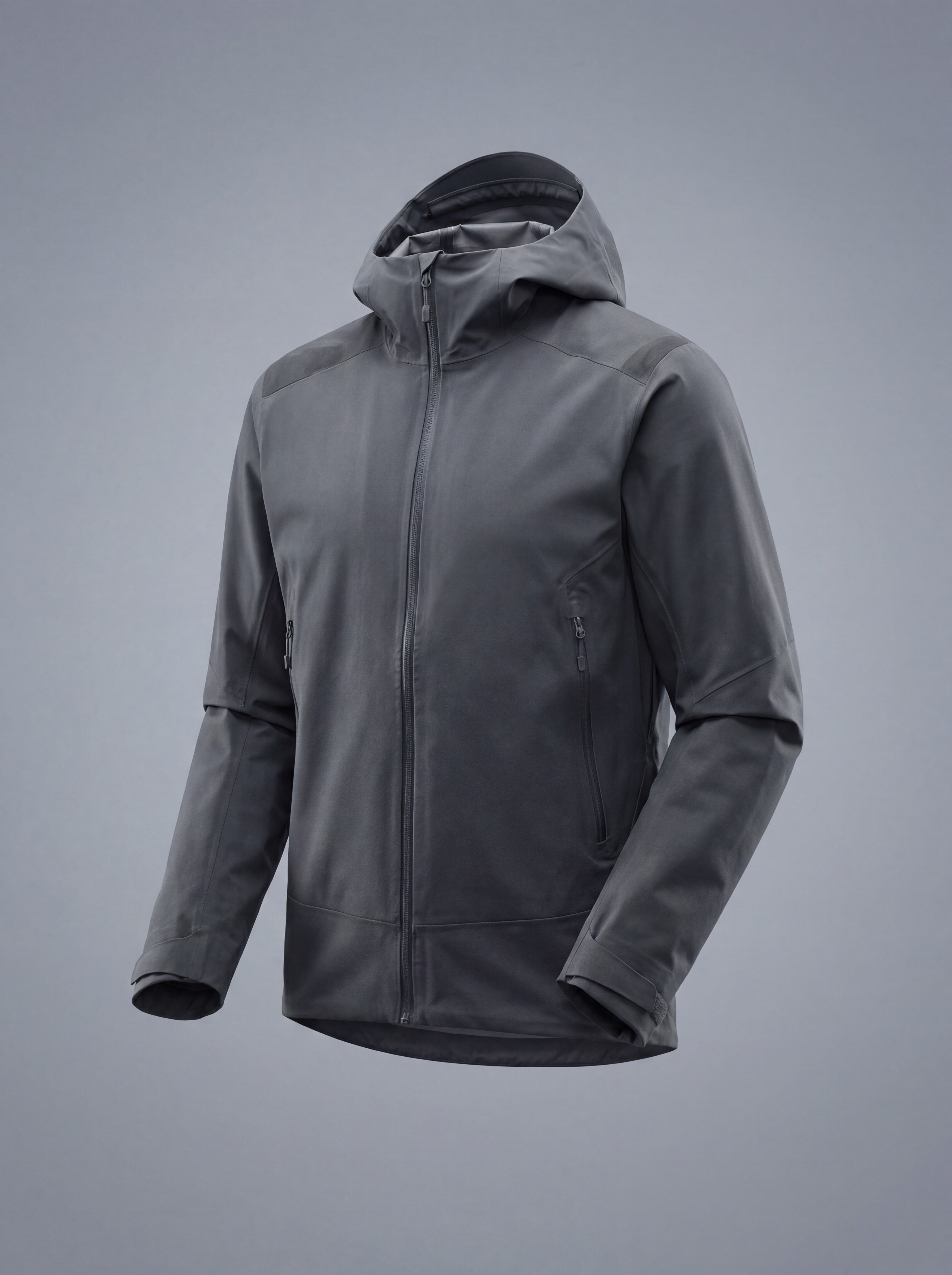 Gray hooded softshell jacket on neutral background