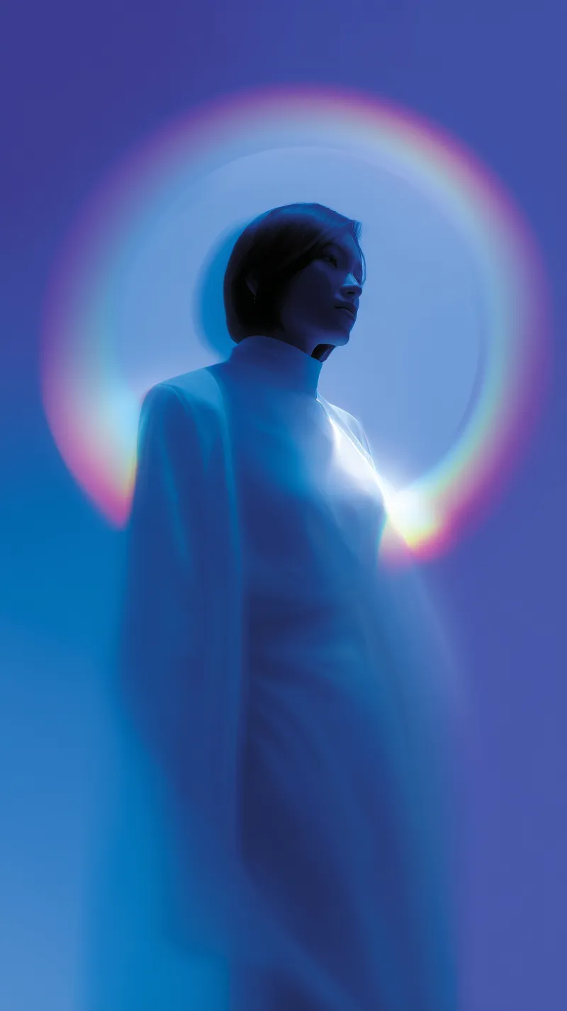 Futuristic portrait with rainbow halo