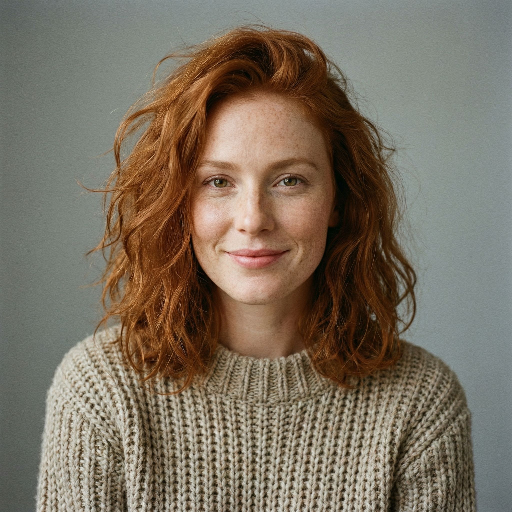 Smiling red-haired woman in knitted sweater