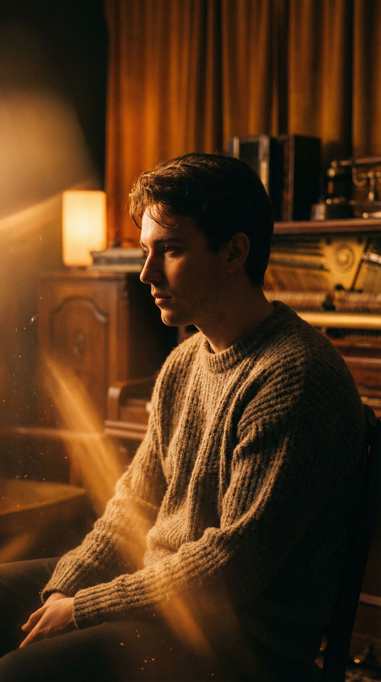 Pensive man in warm vintage interior lighting