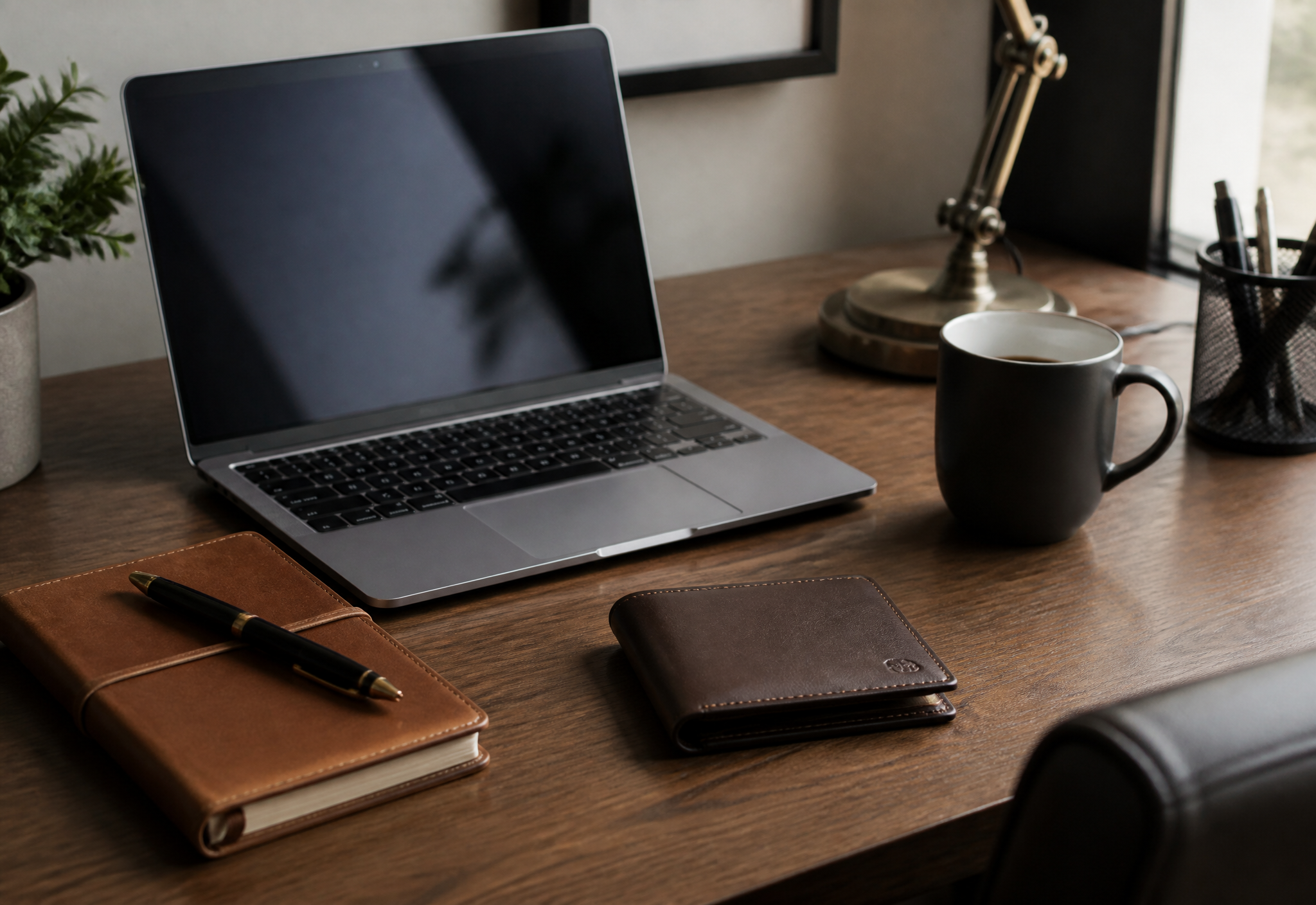Professional writing desk with laptop