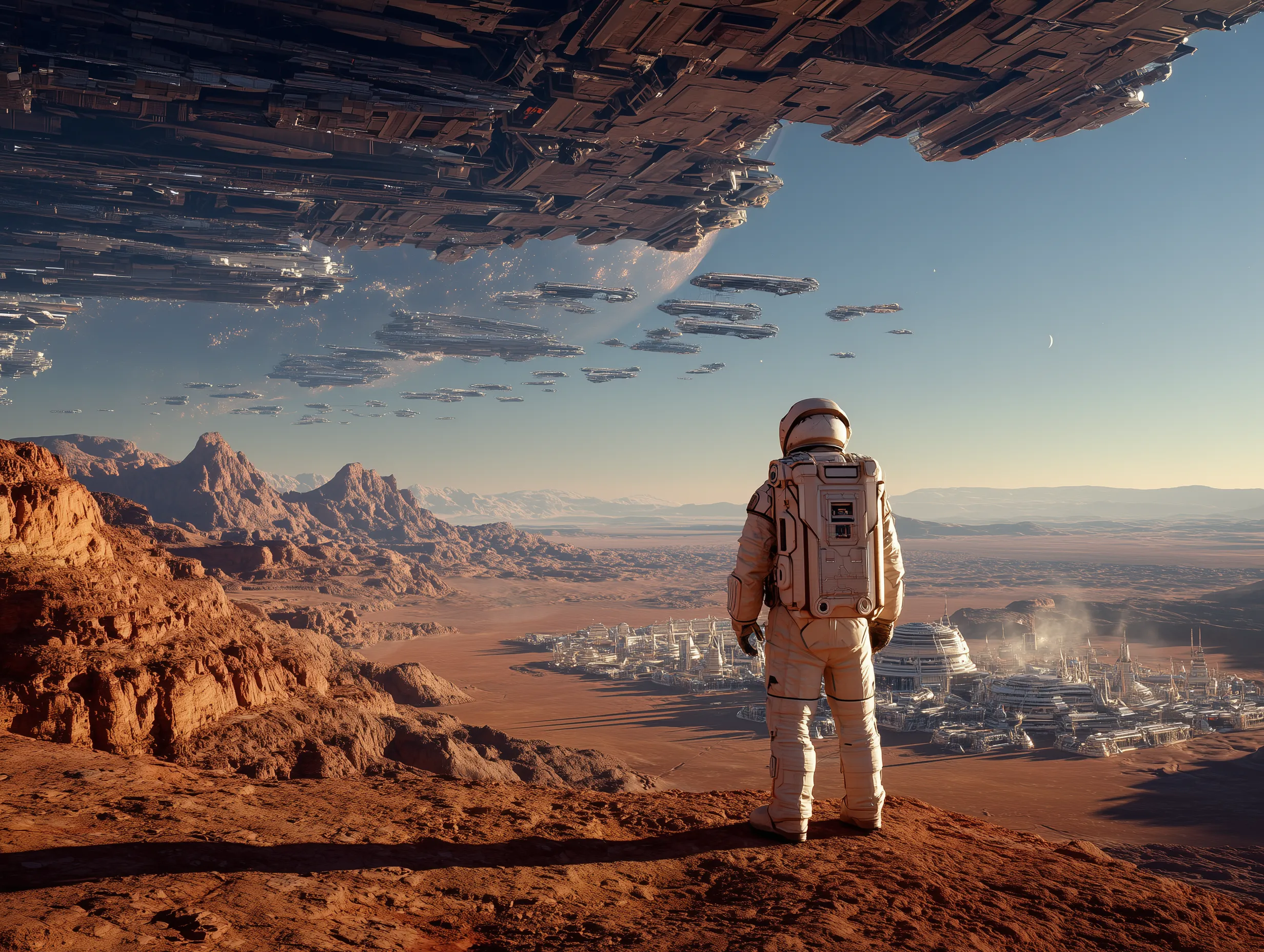 Astronaut Overlooking Futuristic Desert Colony