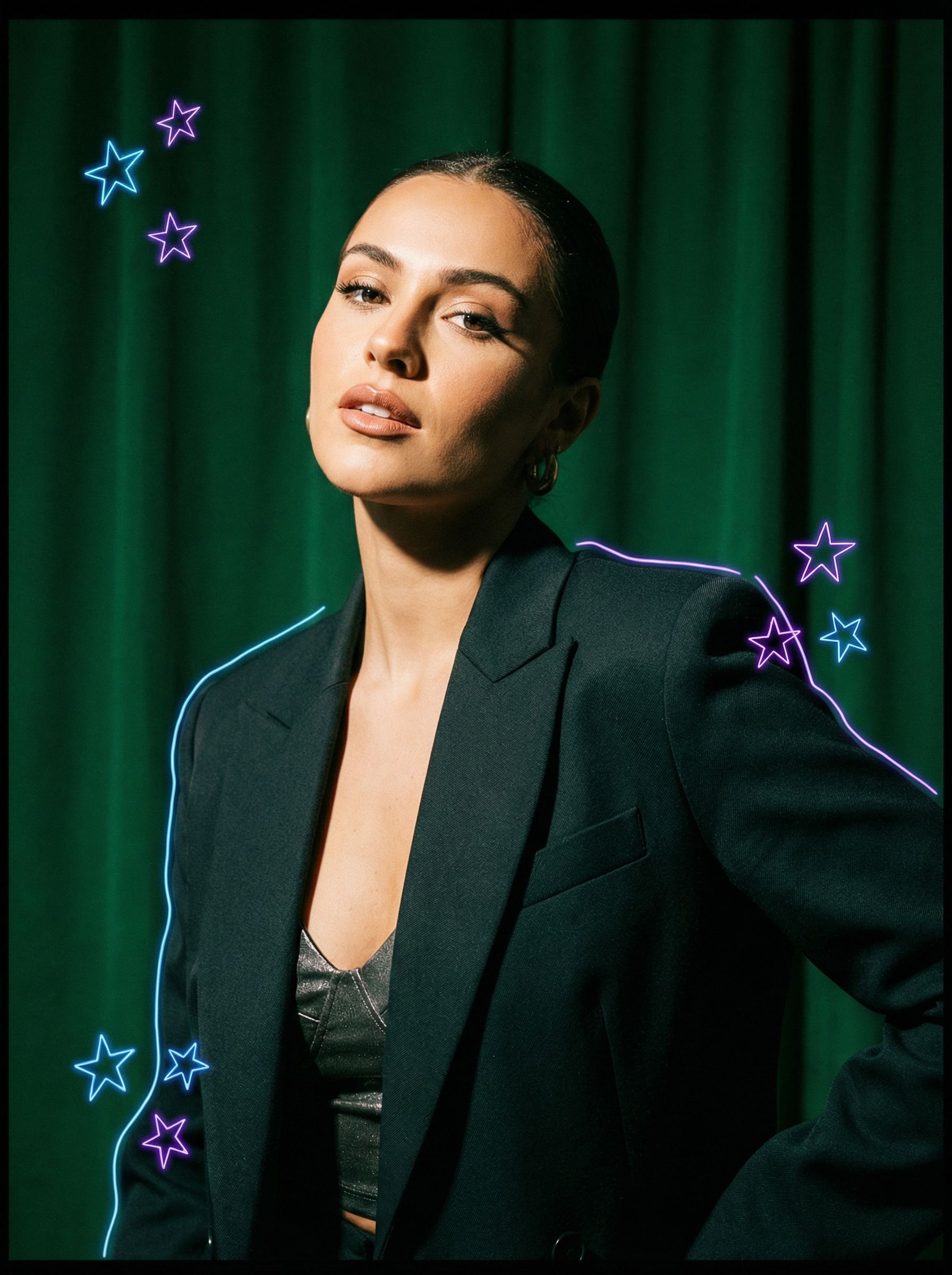 Stylish woman portrait with neon star accents