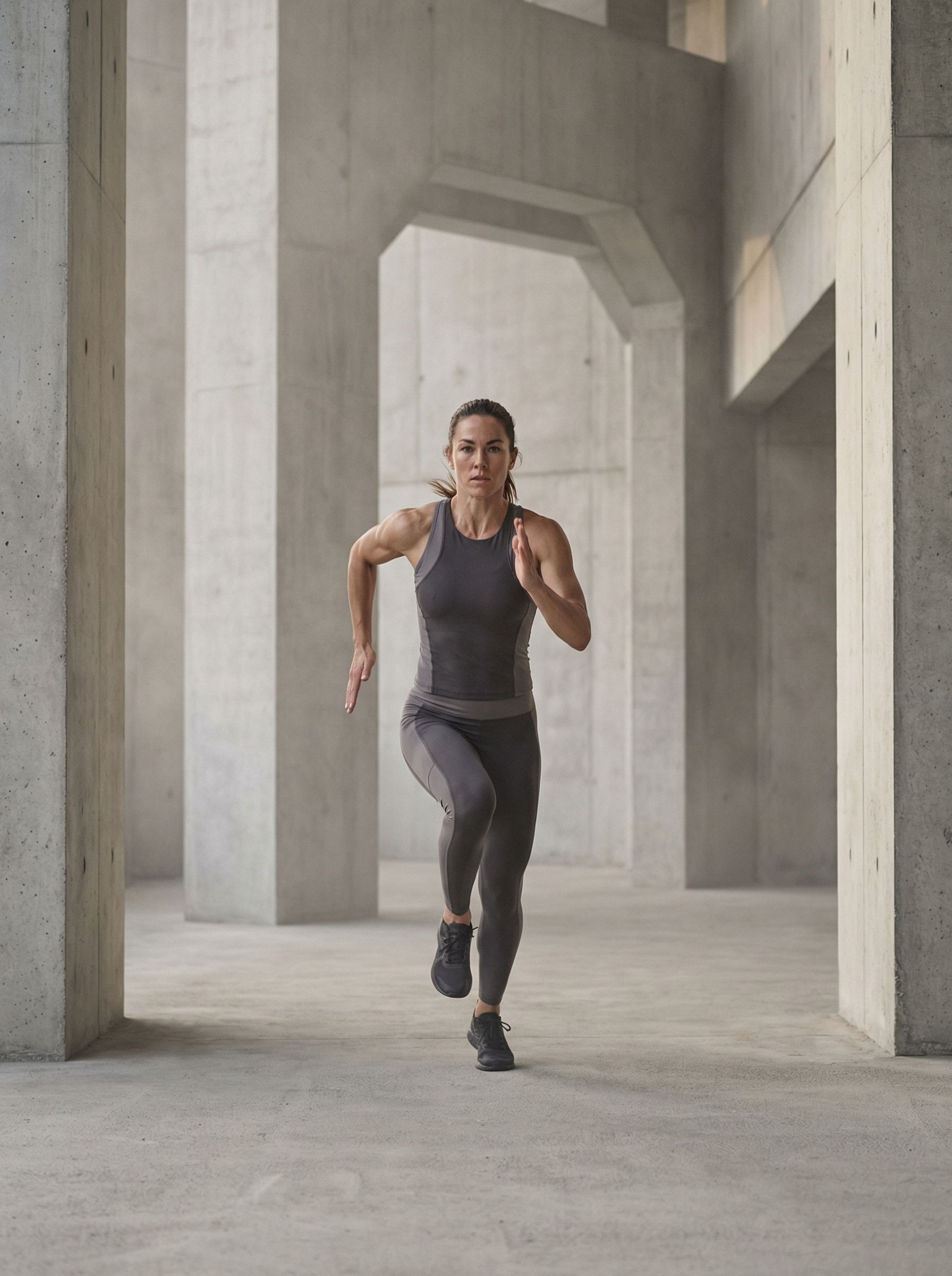 Woman running in modern concrete architecture