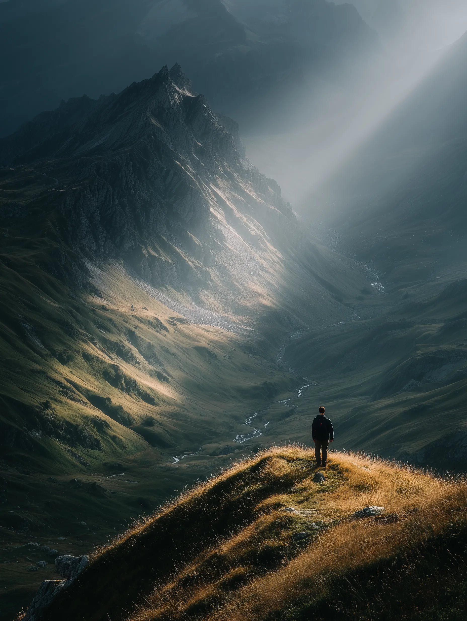Hiker Overlooking a Dramatic Mountain Valley