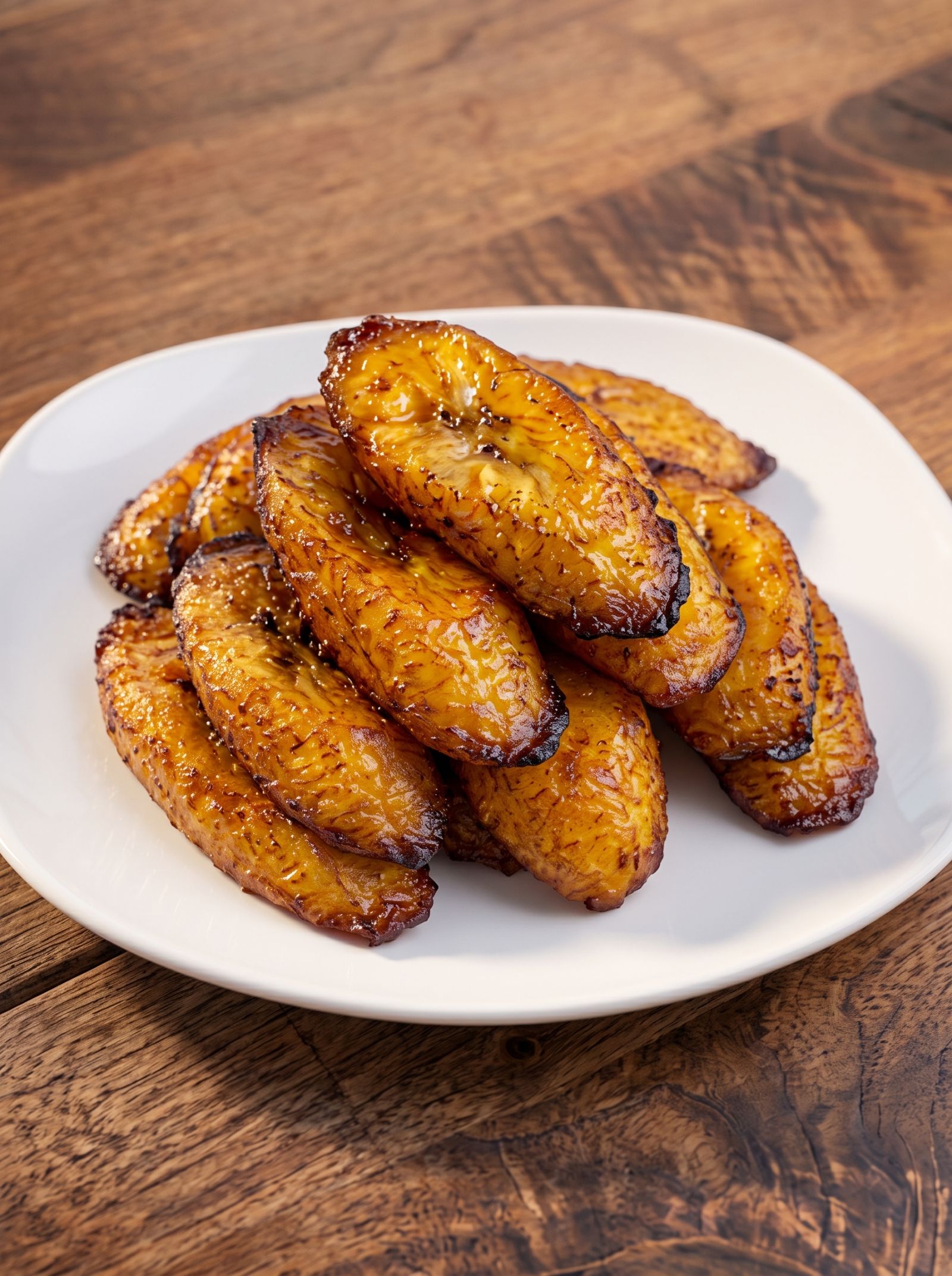Golden Fried Plantains on White Plate