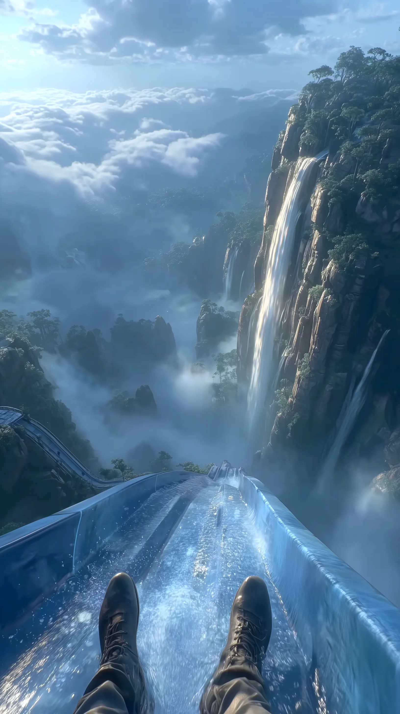 POV water slide above cloud-wrapped mountain waterfalls