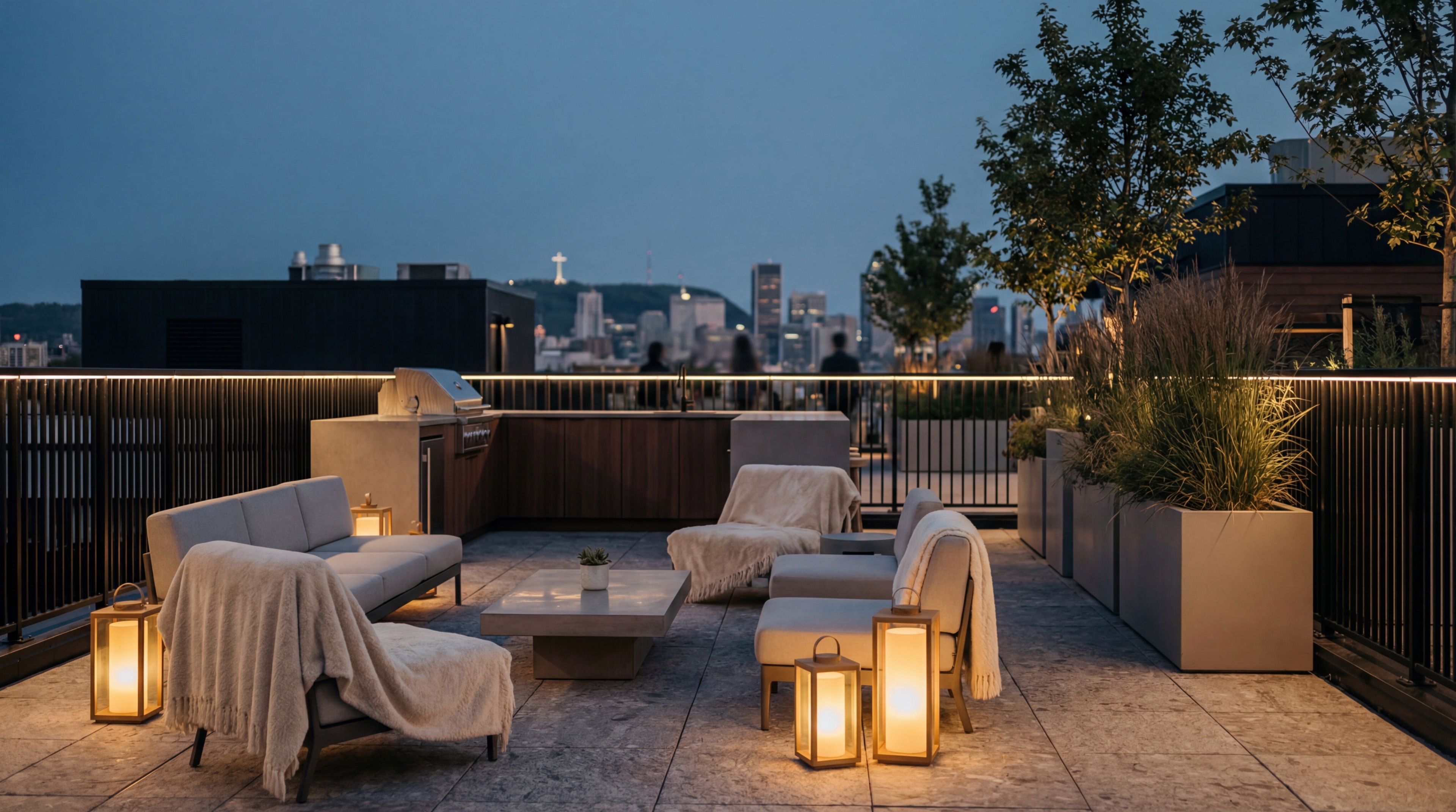 Modern rooftop terrace at dusk with city view