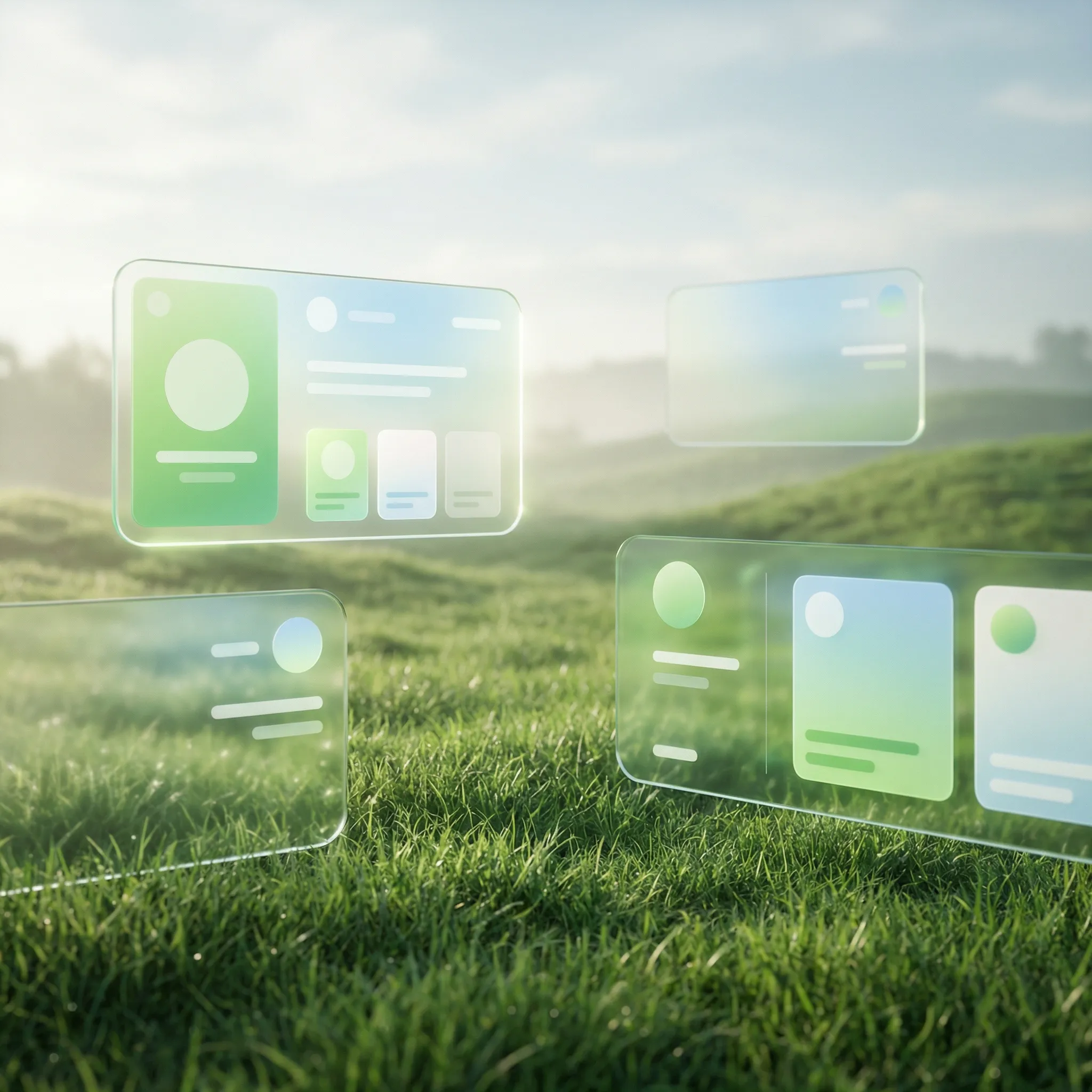 Floating digital UI panels over grassy field