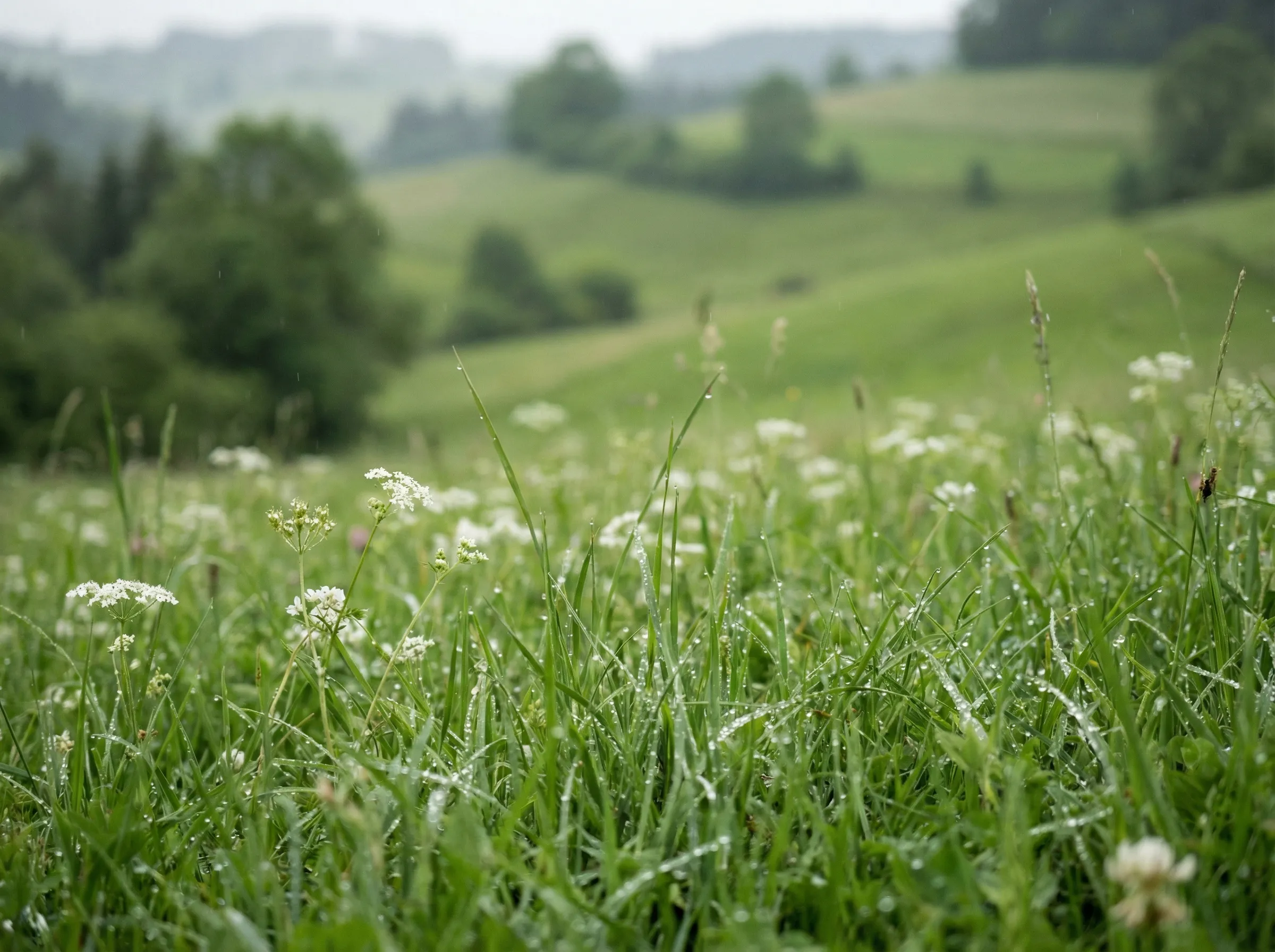 Dewy meadow with wildflowers and rolling hills