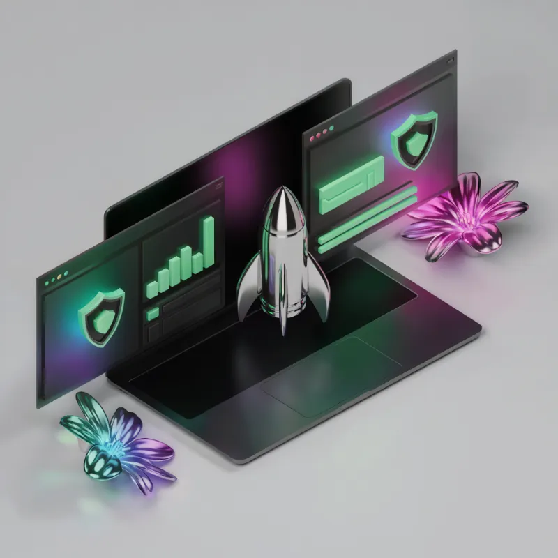 3D Neon Laptop Dashboard with Rocket Launch