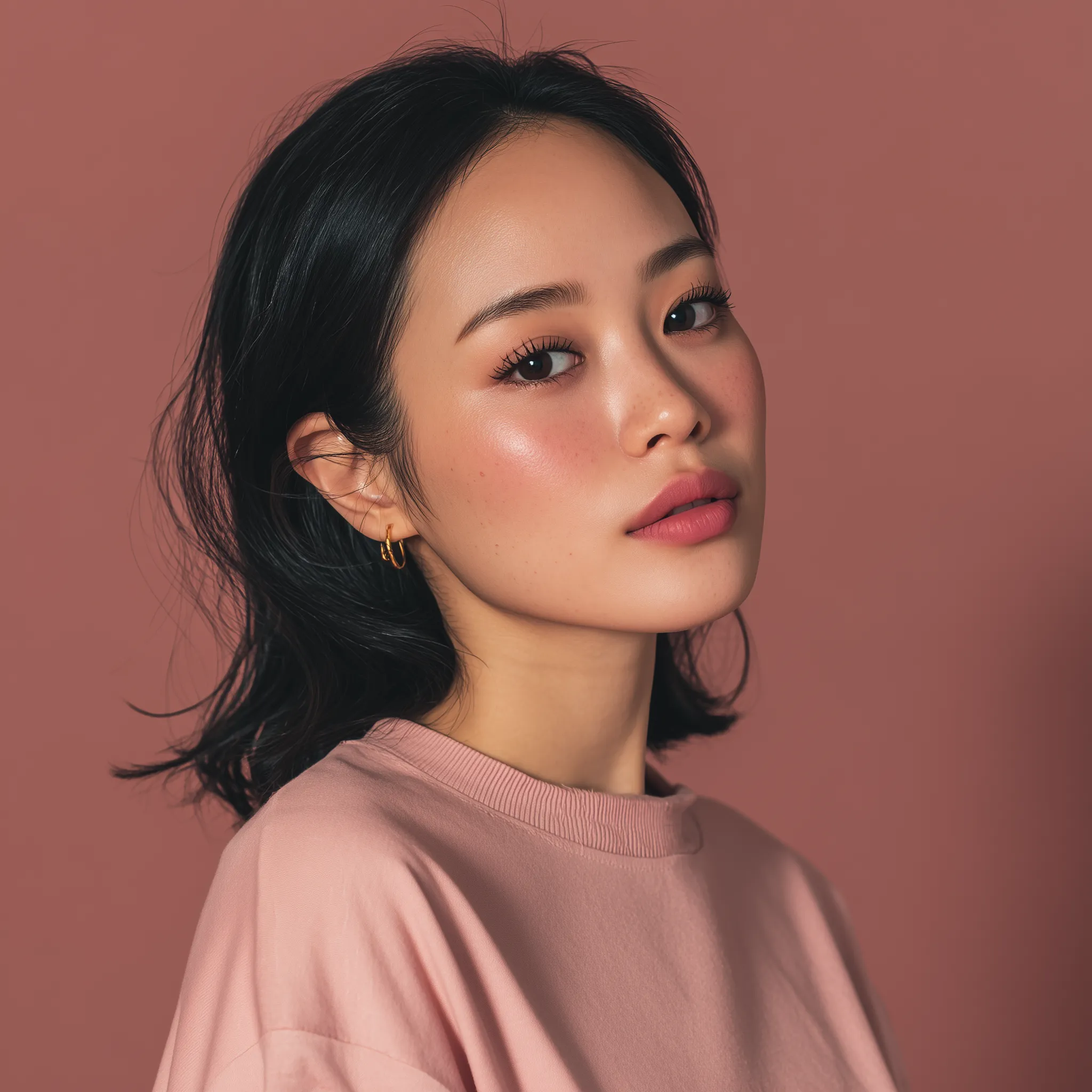 Studio portrait on pink background