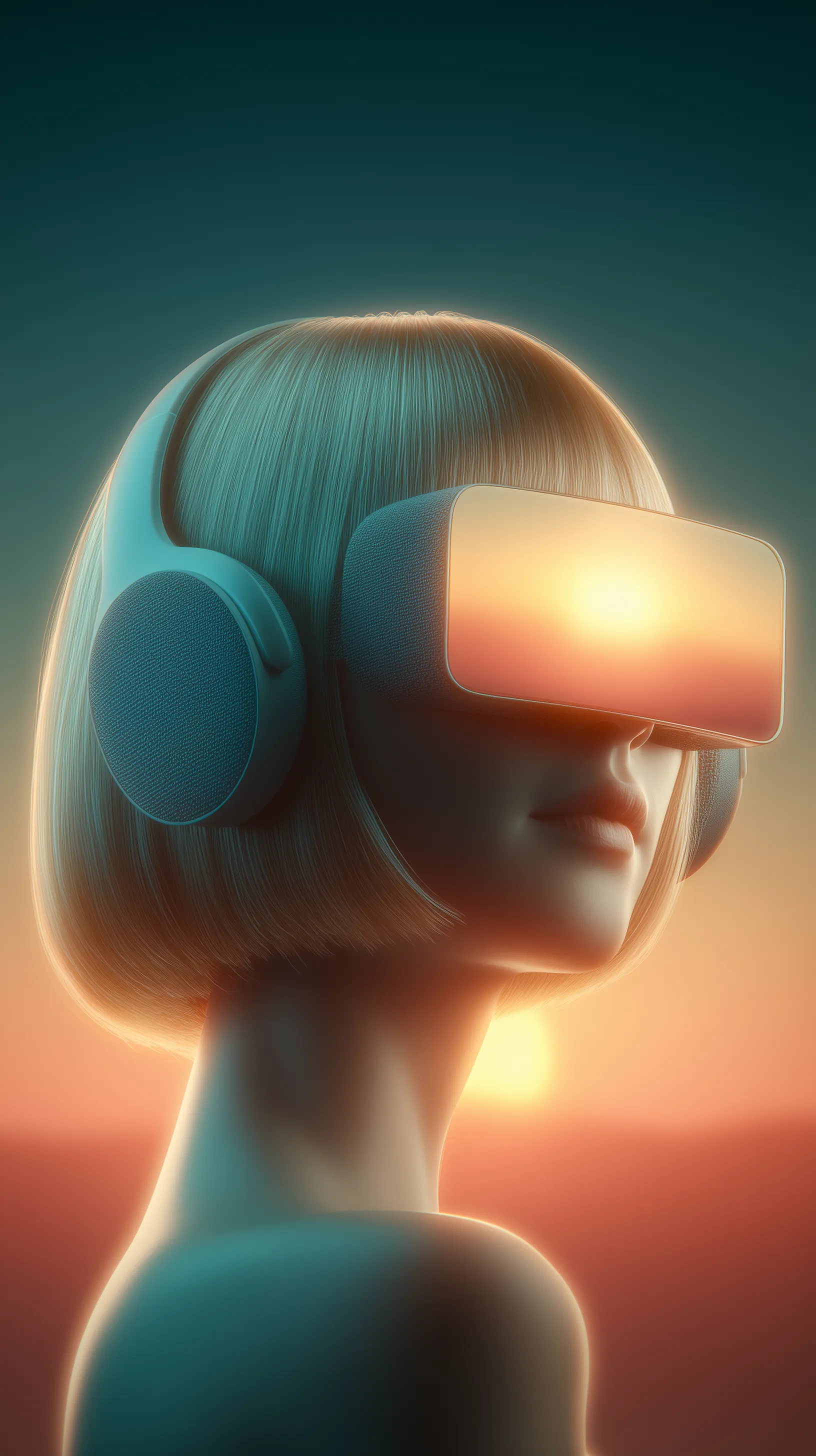 Futuristic woman wearing VR headset at sunset
