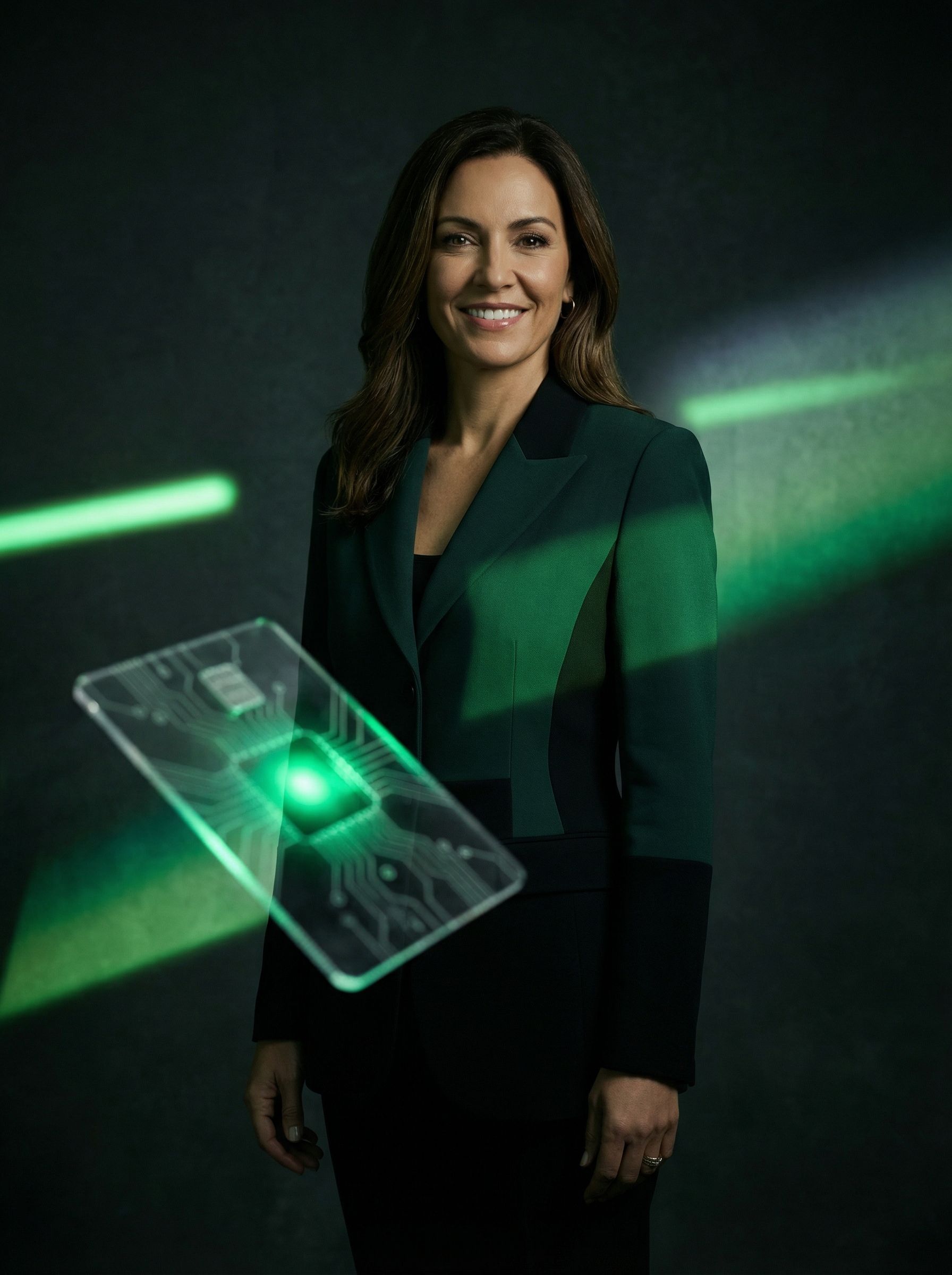 Businesswoman with futuristic green circuit board