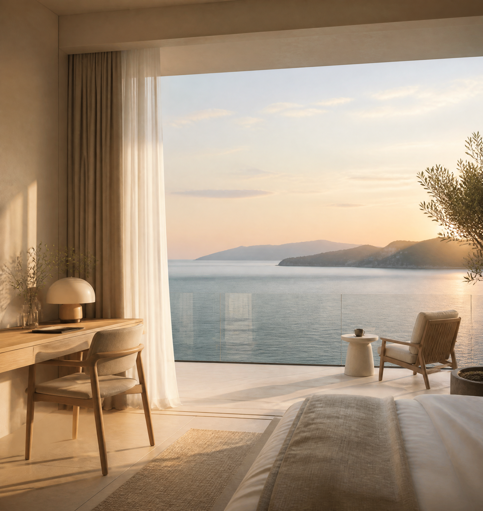 Luxury Minimalist Bedroom with Coastal Sunset View