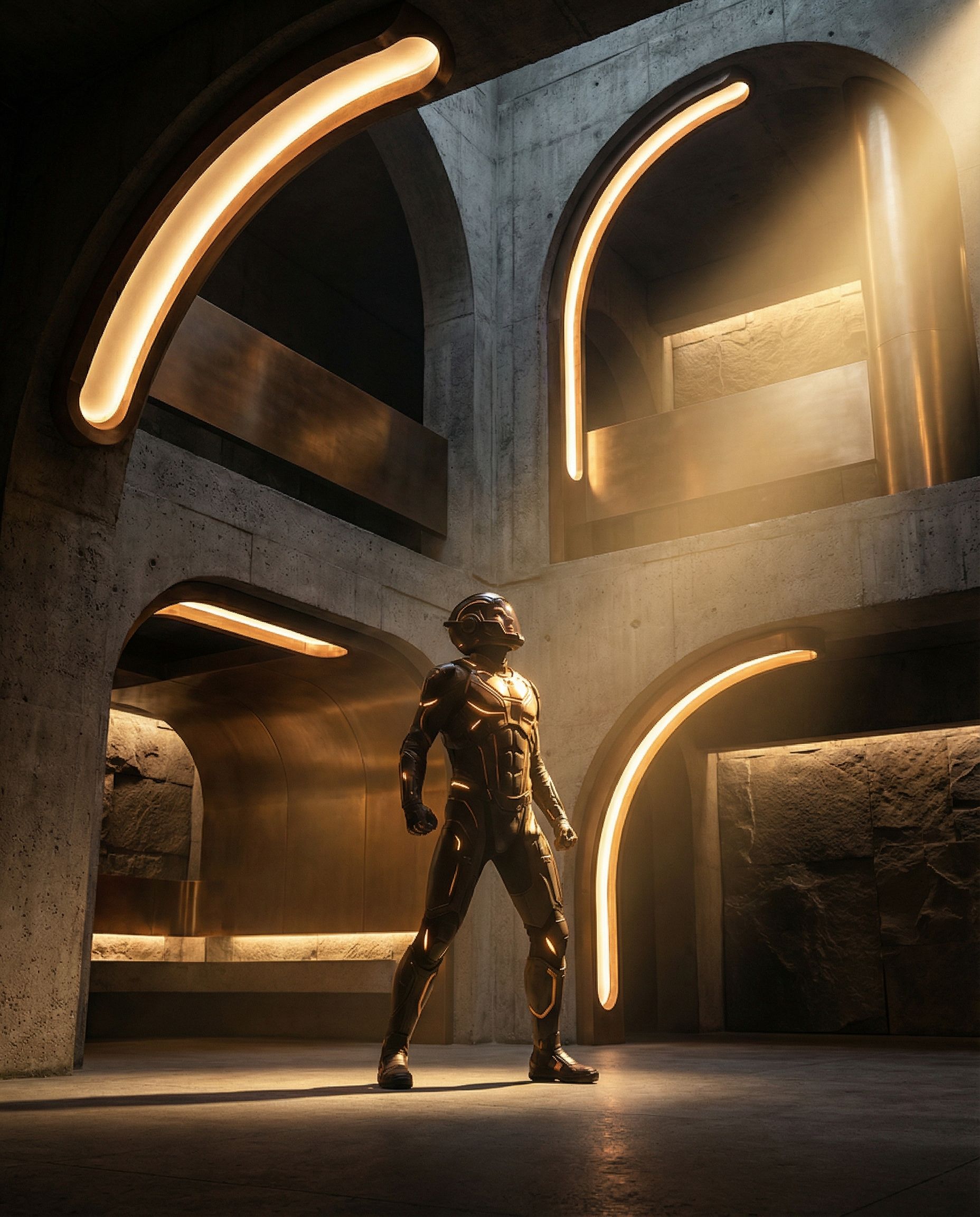 Golden futuristic armored figure in arched hall