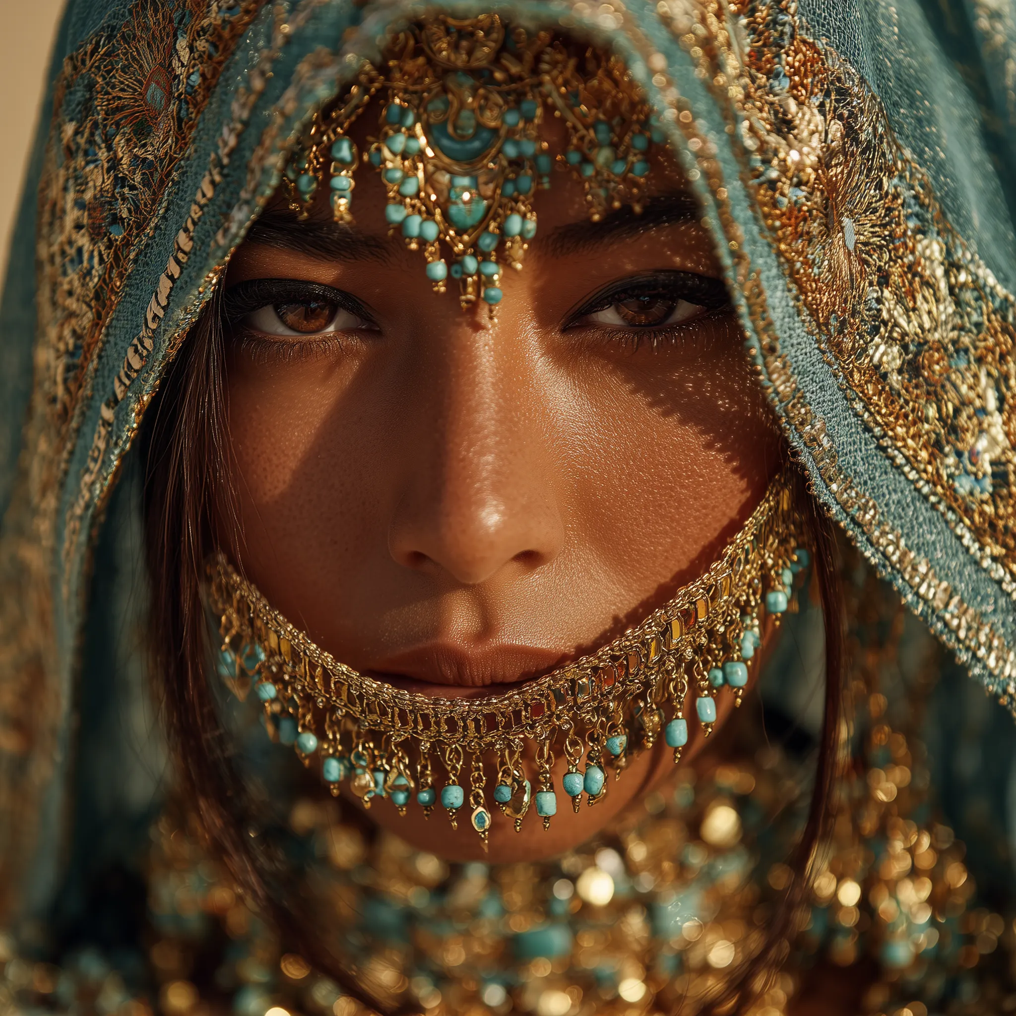 Ornate Veiled Portrait with Turquoise Jewelry
