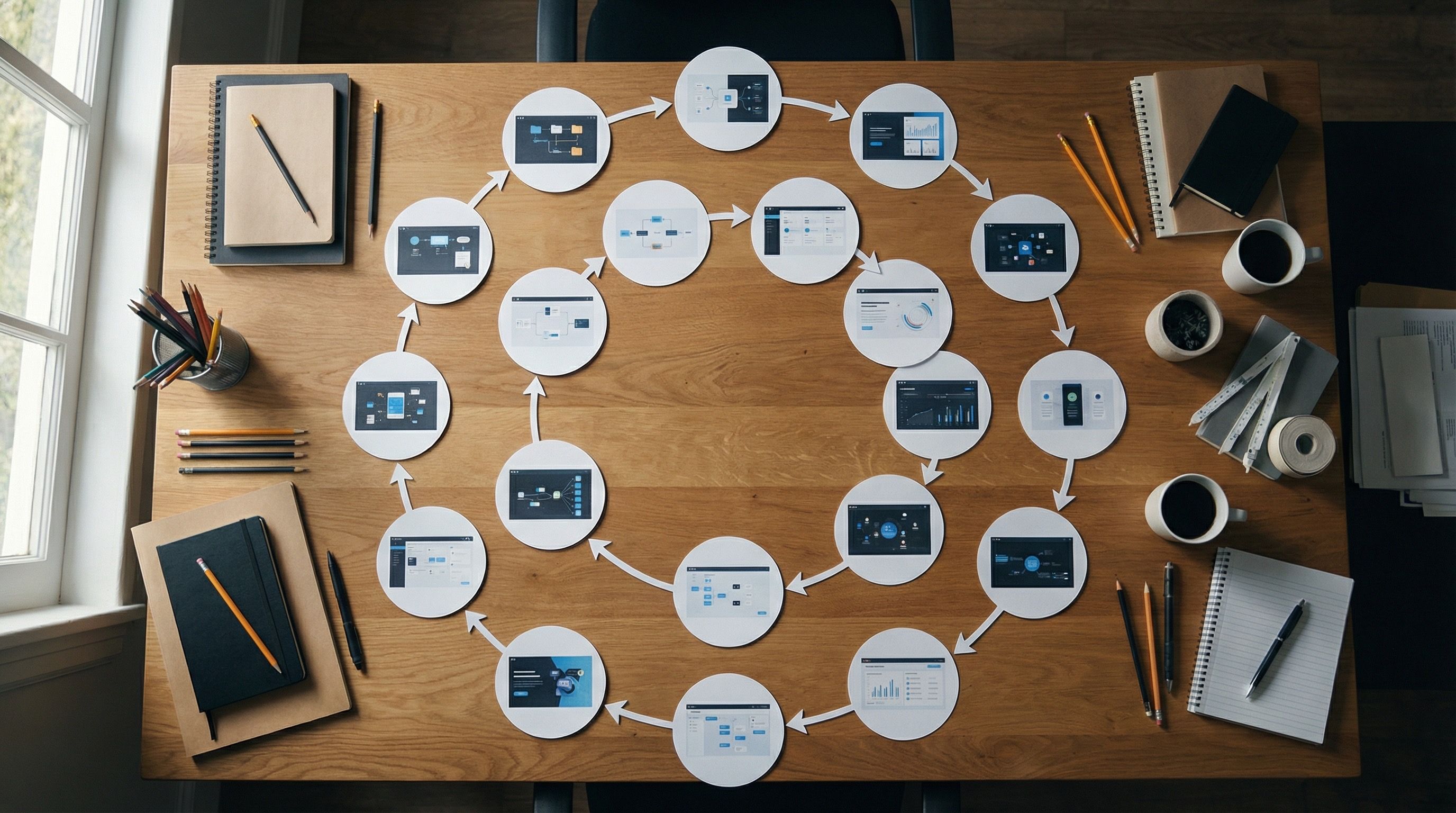 Circular workflow diagram on wooden desk
