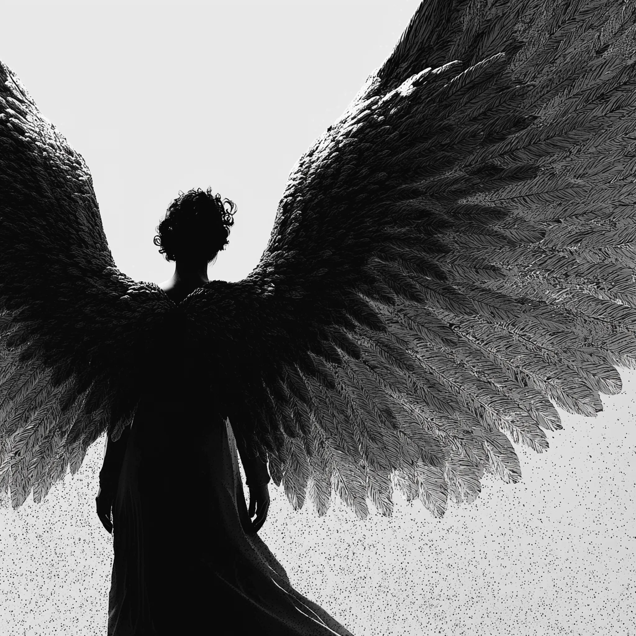 Silhouetted Angelic Figure with Detailed Wings