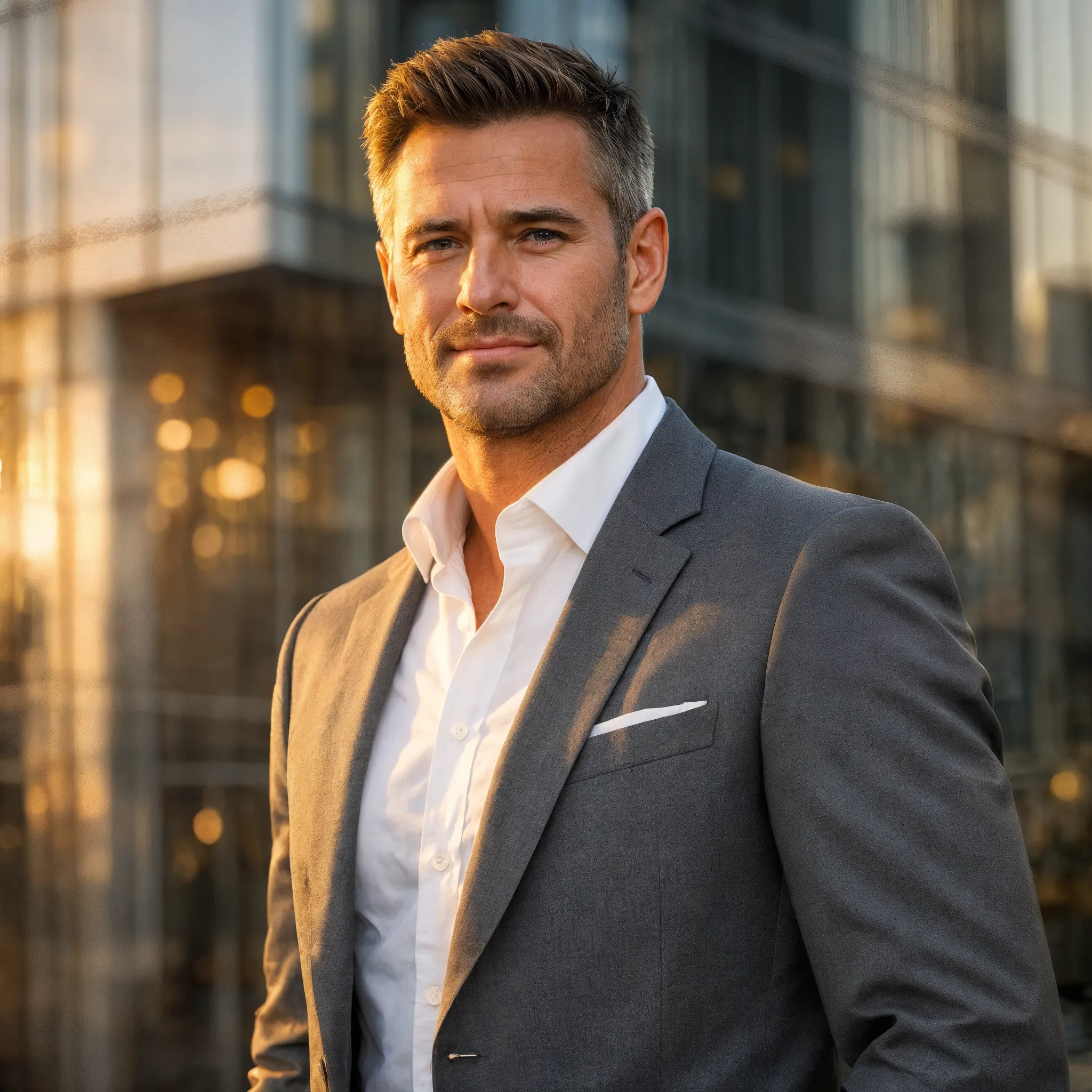Confident businessman in city at golden hour