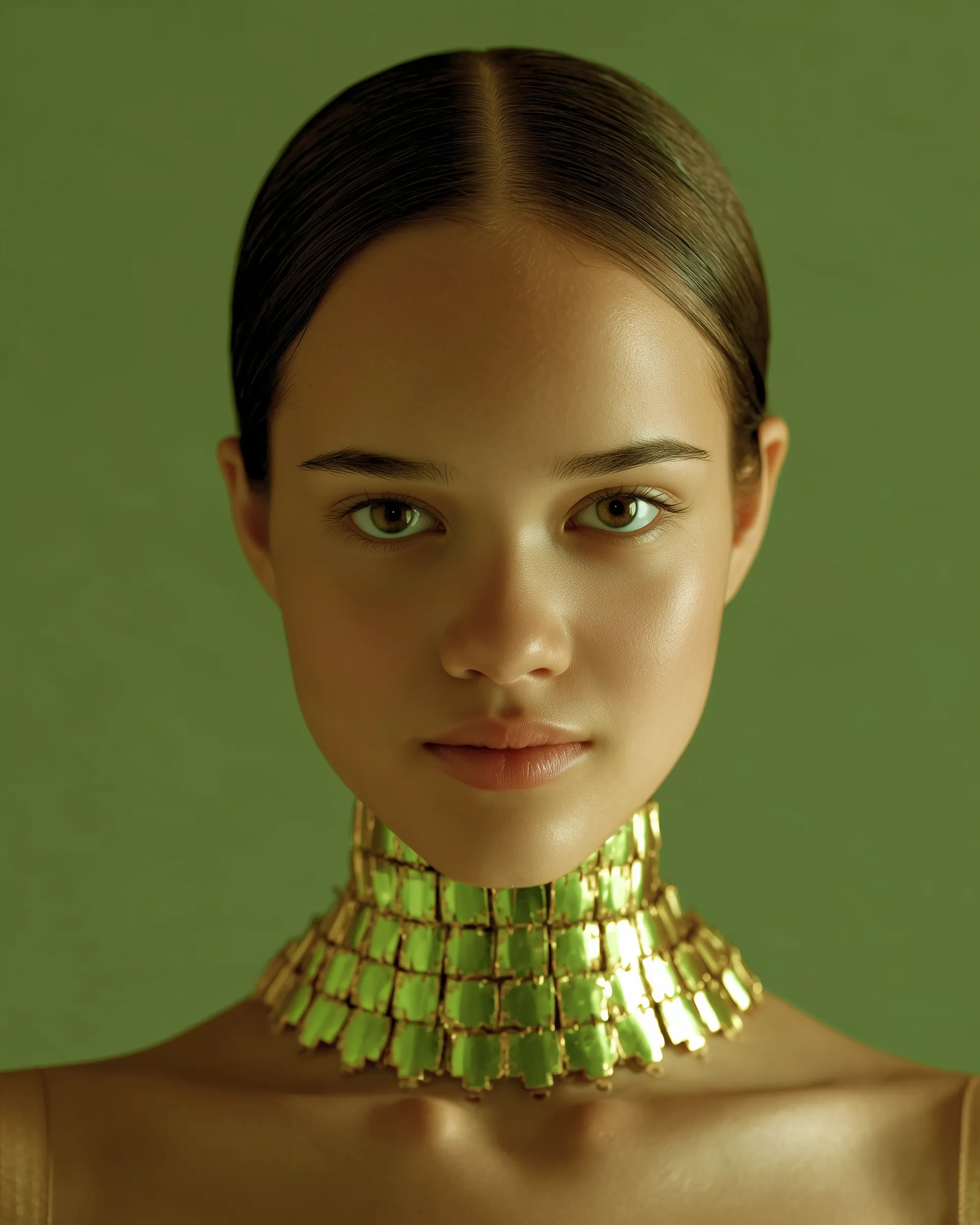 Portrait with Futuristic Green Statement Necklace