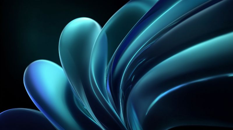 Abstract teal glass ribbon swirl on dark backdrop