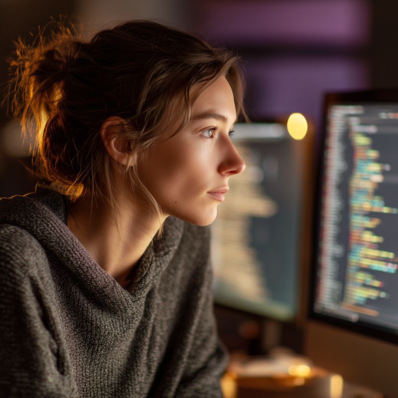 Focused female developer at dual monitors