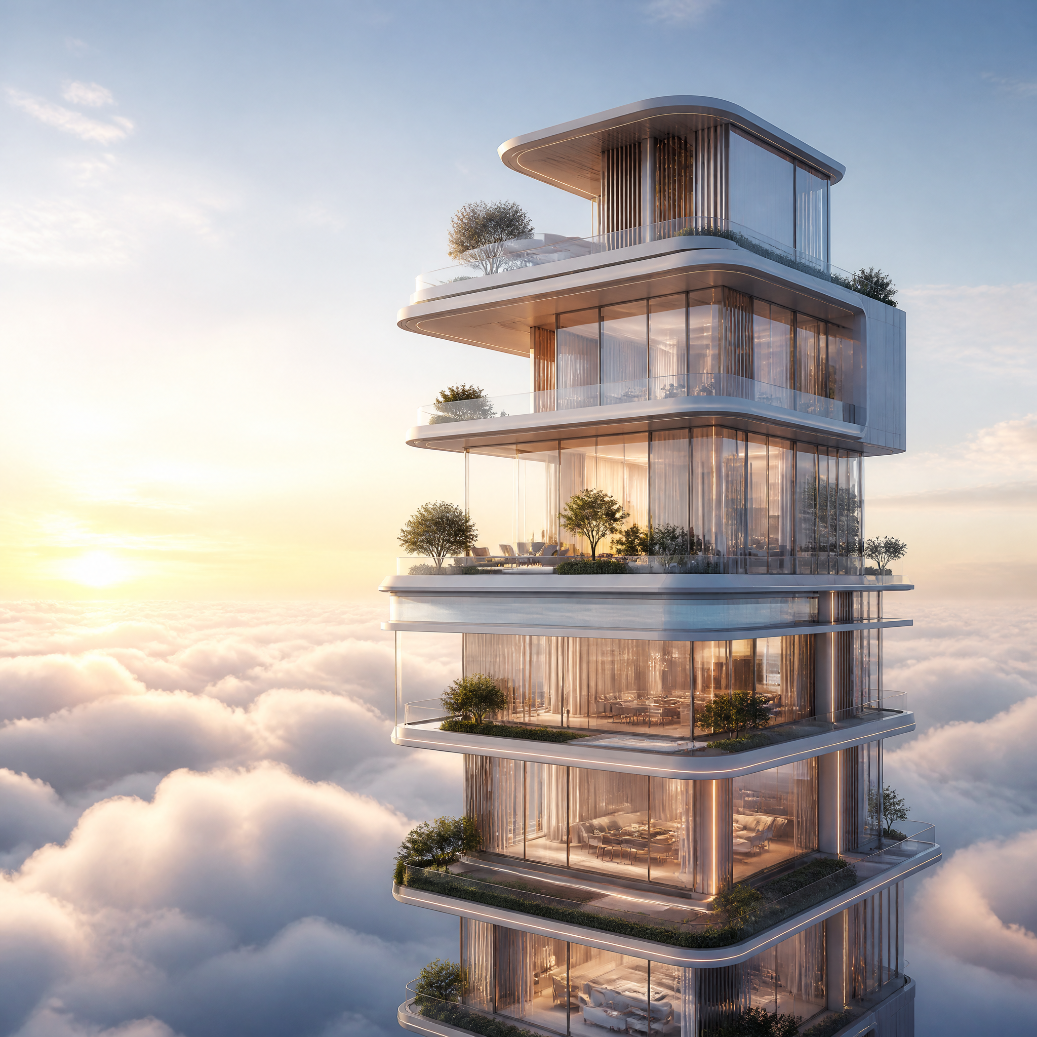 Futuristic Skyscraper Above the Clouds at Sunset
