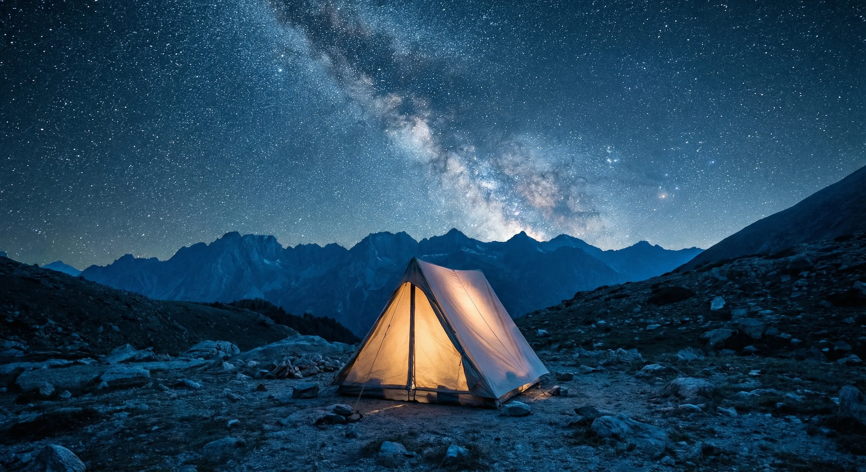 Illuminated tent under Milky Way in mountains