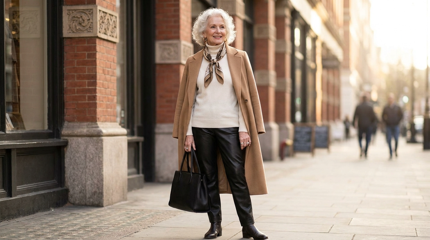 Elderly lady styling leather pants with an elegant outfit
