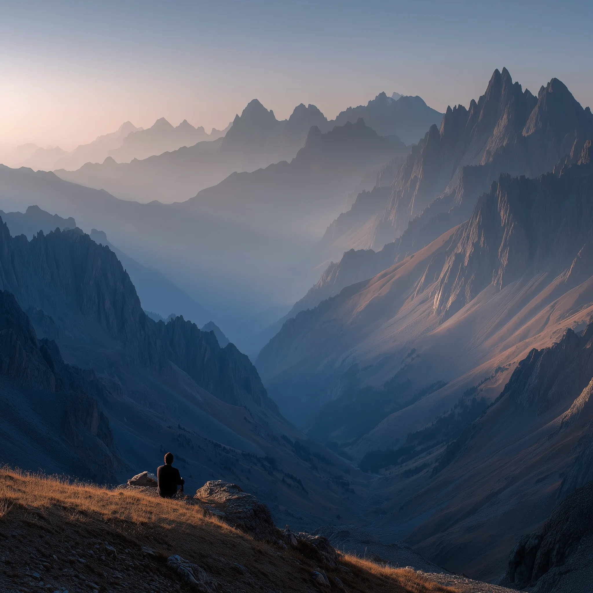 Solitary Hiker Overlooking Misty Mountain Valley
