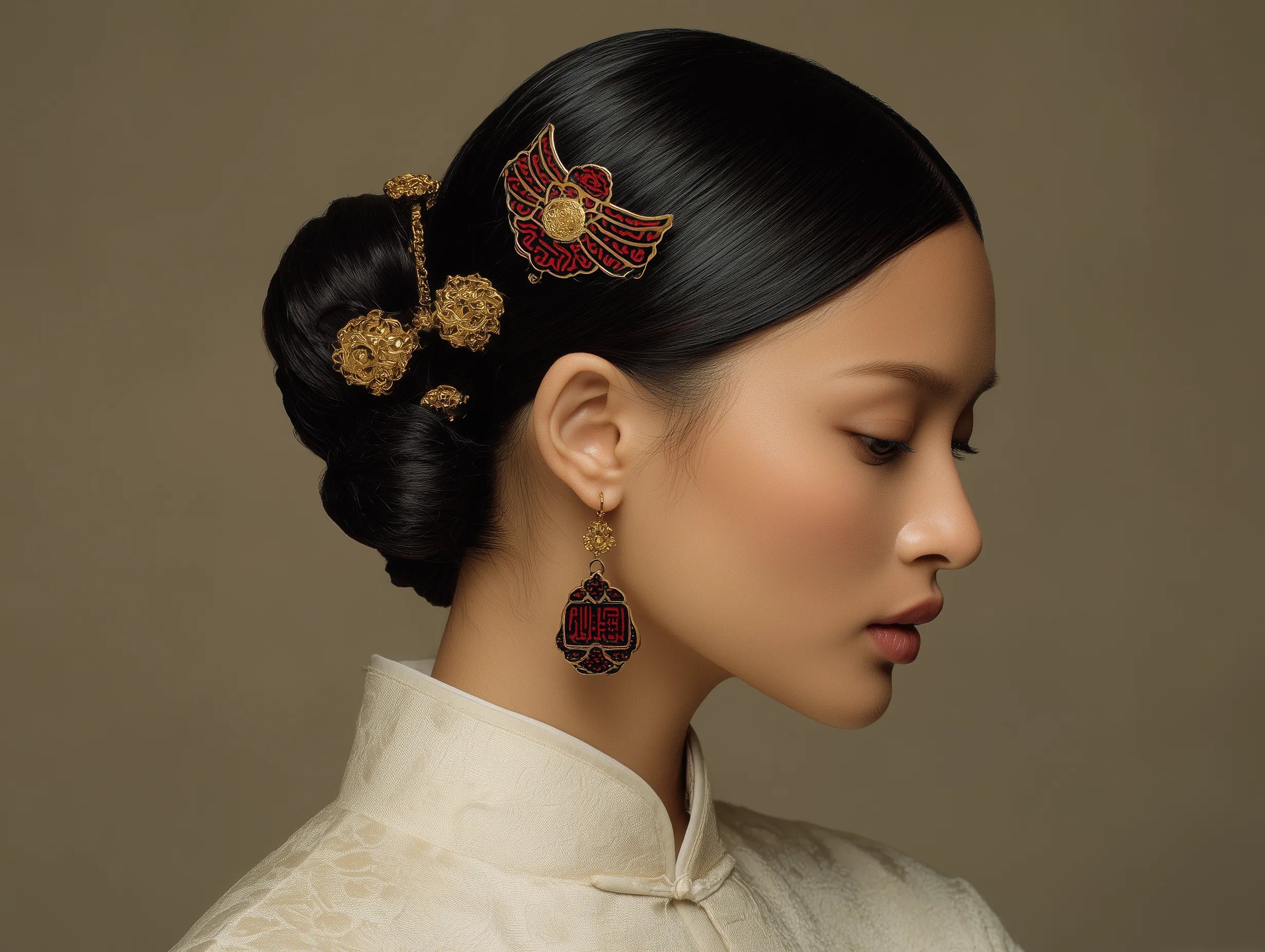 Elegant profile portrait with traditional hairpiece