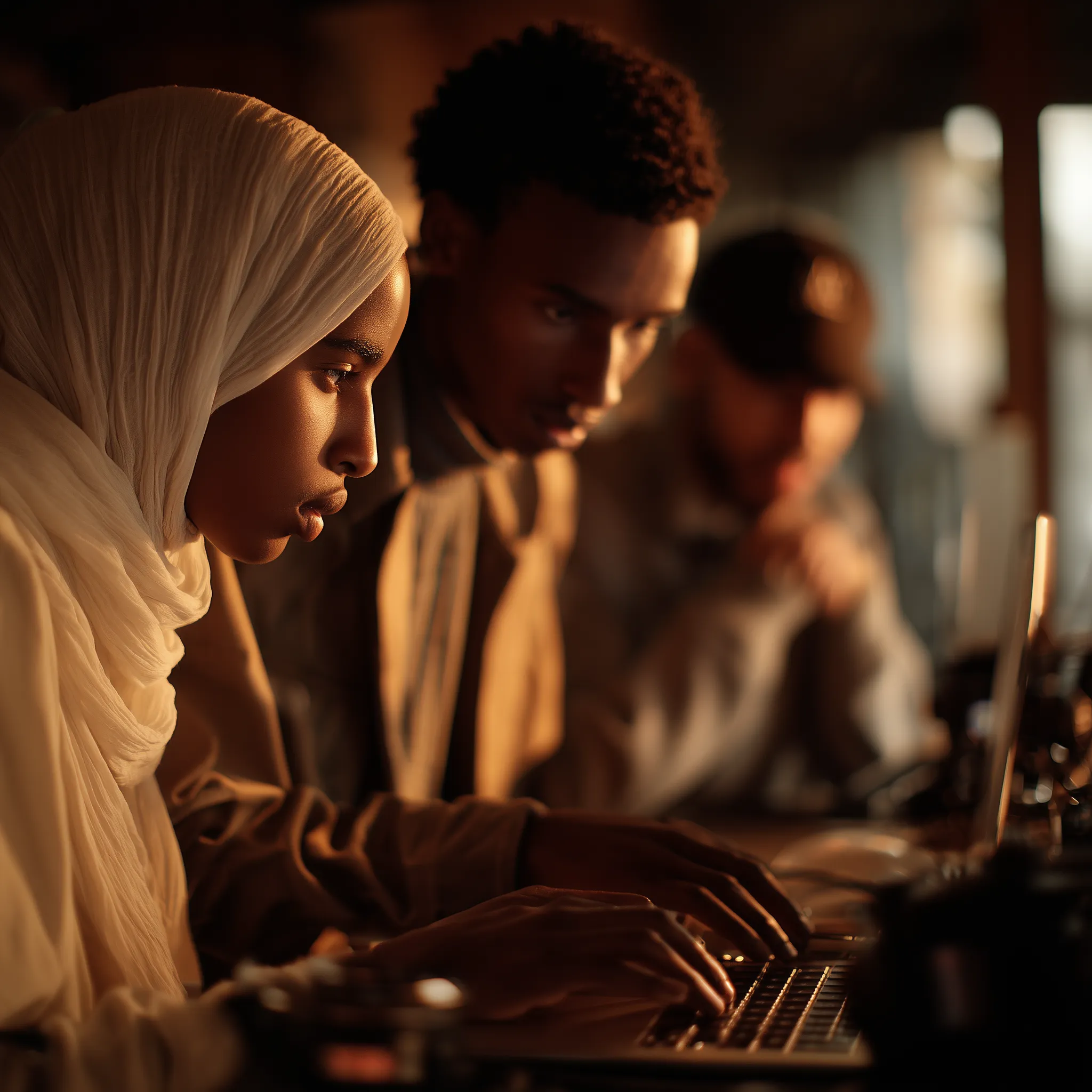 Focused students collaborating on laptops