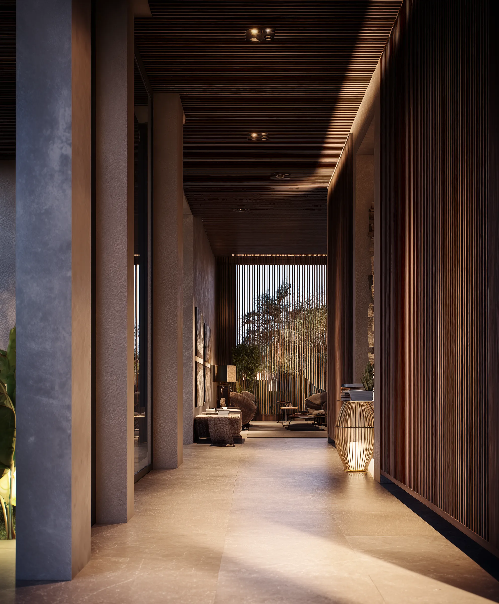 Modern lobby with warm architectural lighting