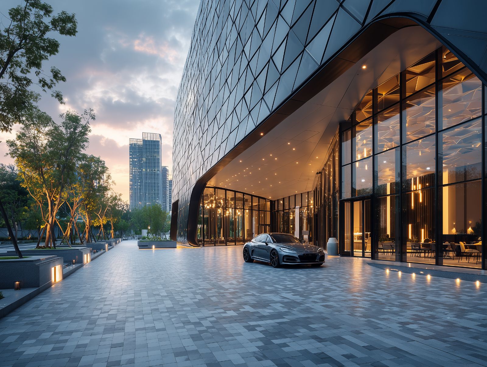 Modern home exterior at sunset