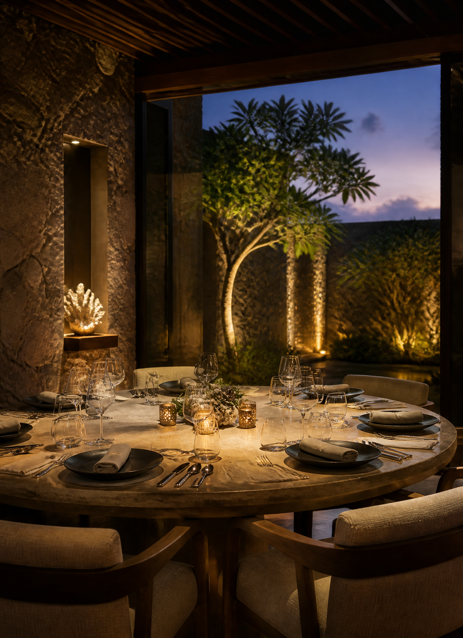 Elegant Tropical Evening Dining Setup
