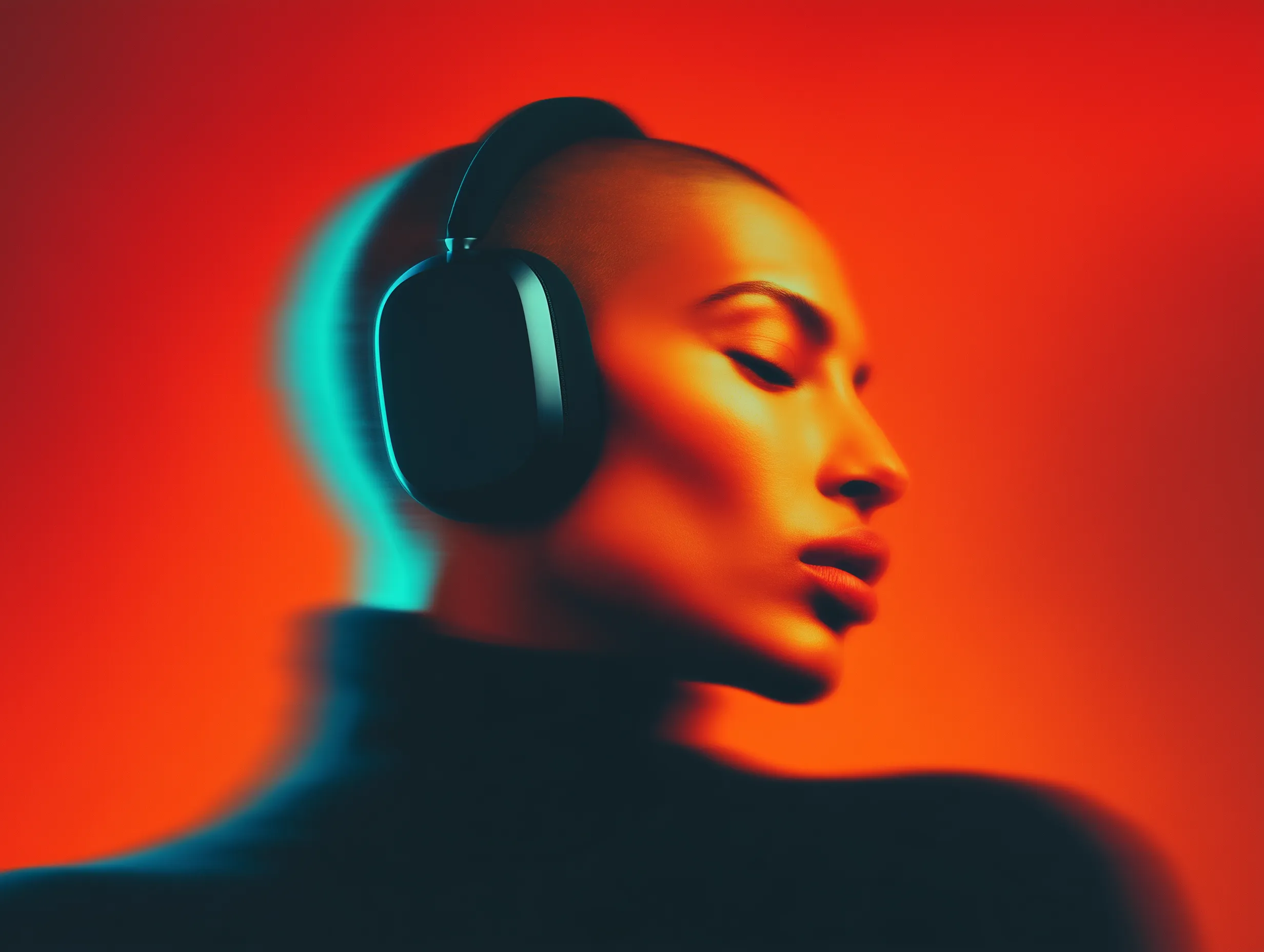 Futuristic portrait with headphones on red