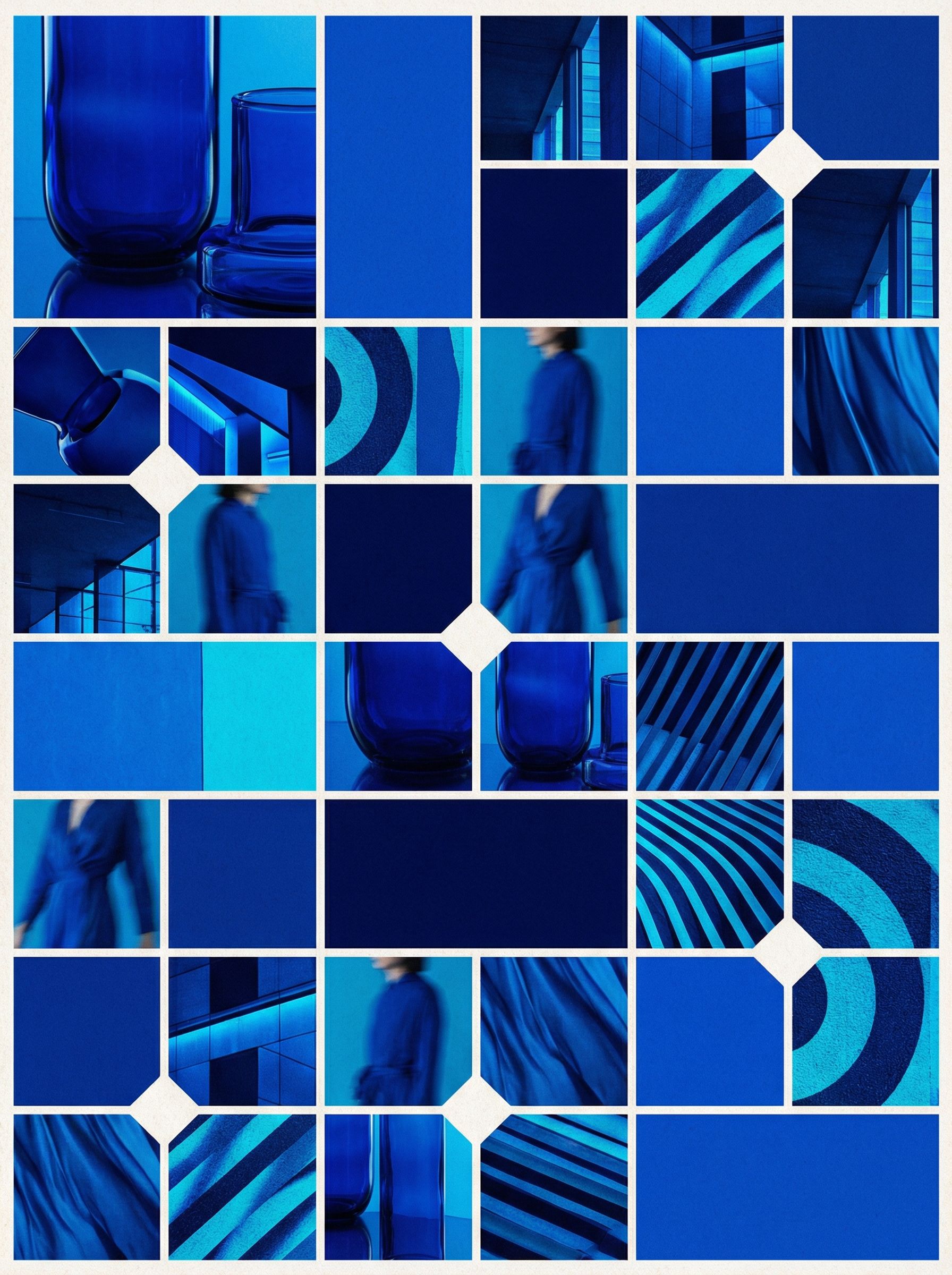 Abstract blue collage of glass, fabric and architecture