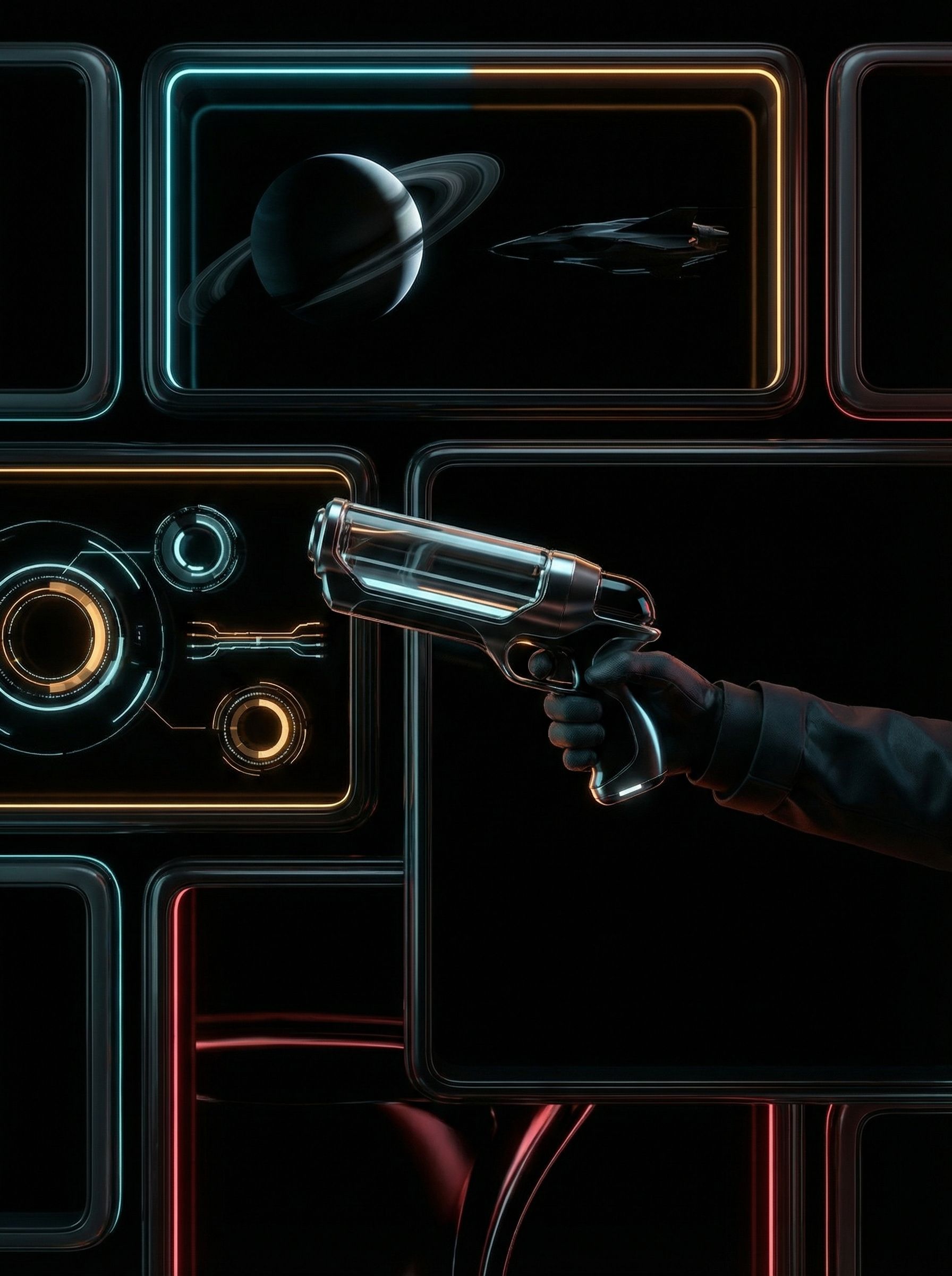 Futuristic neon sci‑fi blaster and space panels