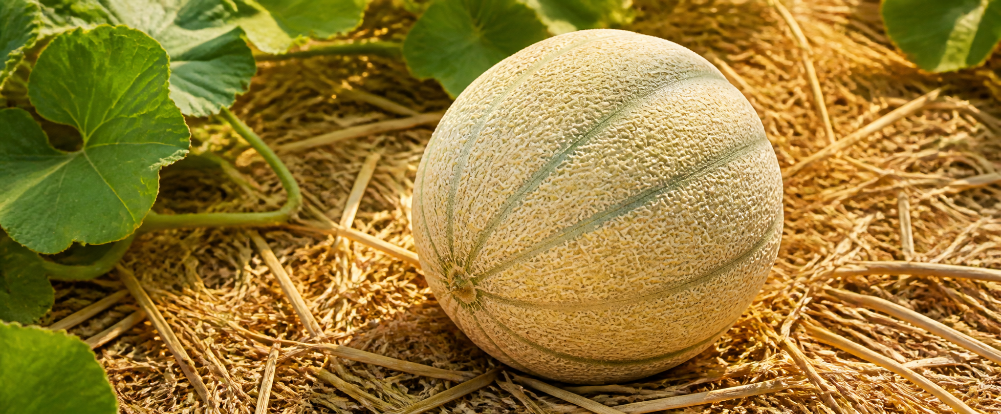 Whole ripe melon resting on straw mulch in a sunlit bed