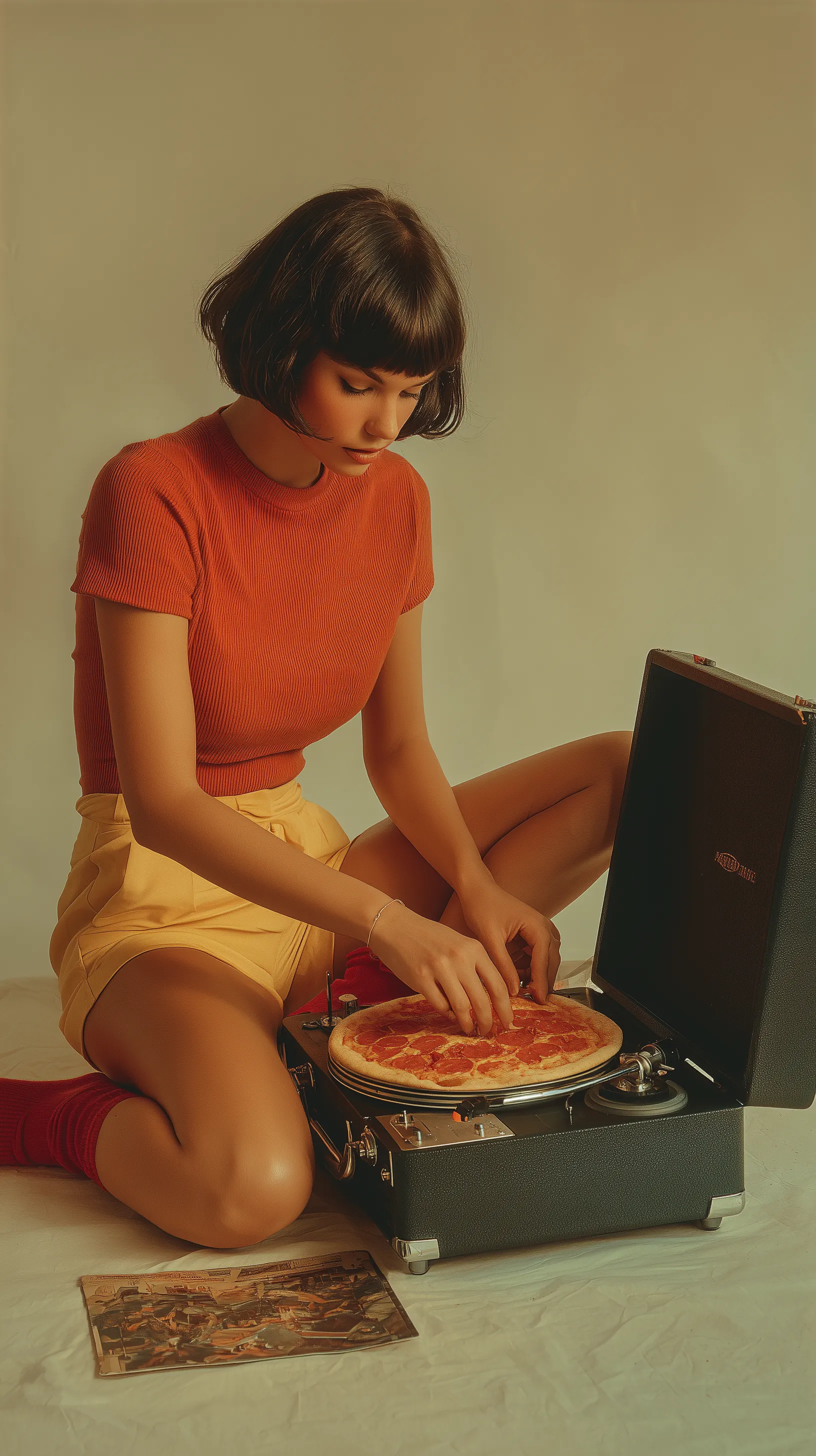 Woman placing pizza on vintage record player