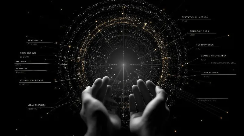 Hands Reaching Toward Futuristic Data Sphere