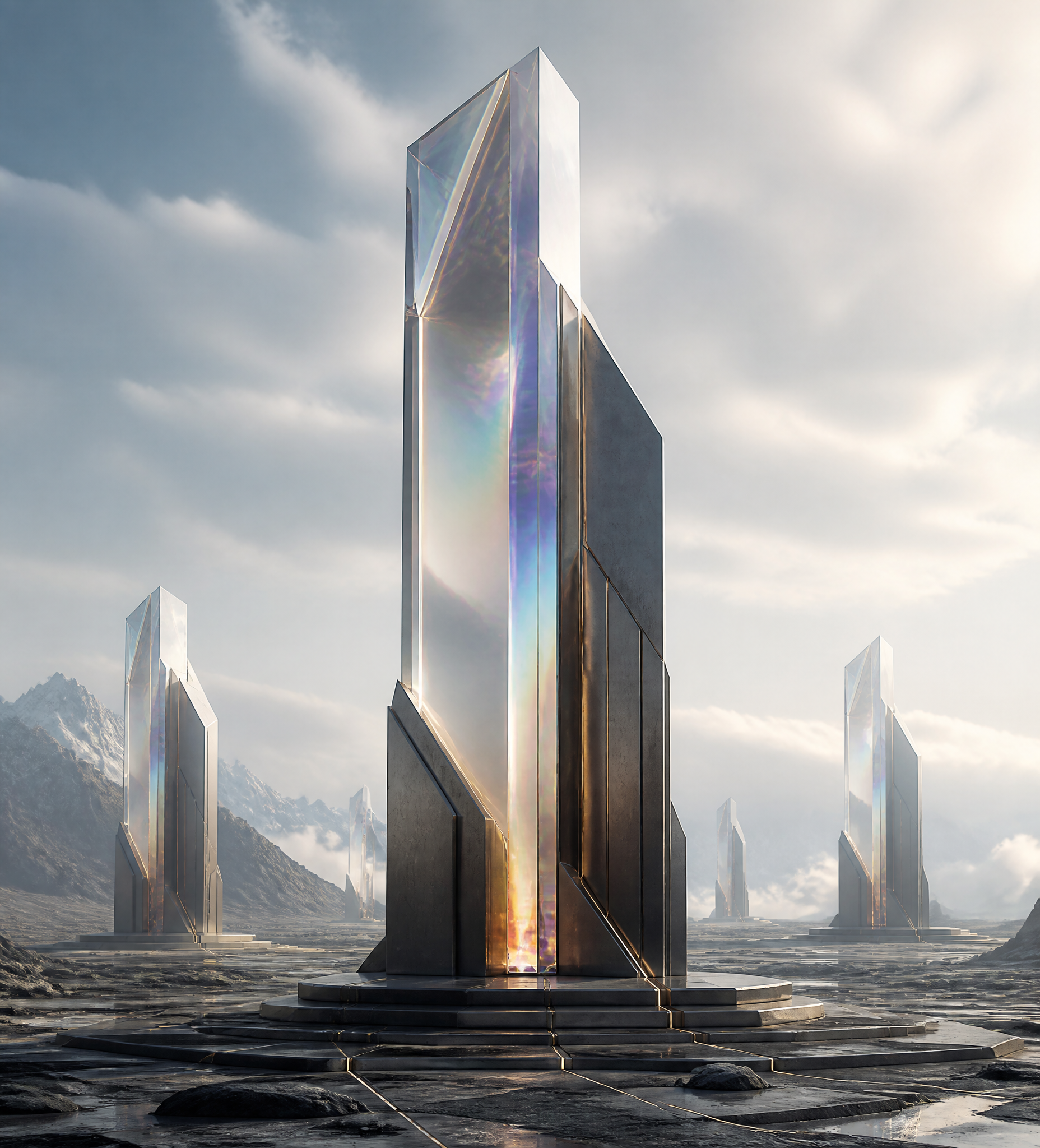Futuristic Crystal Monoliths in Mountainous Landscape